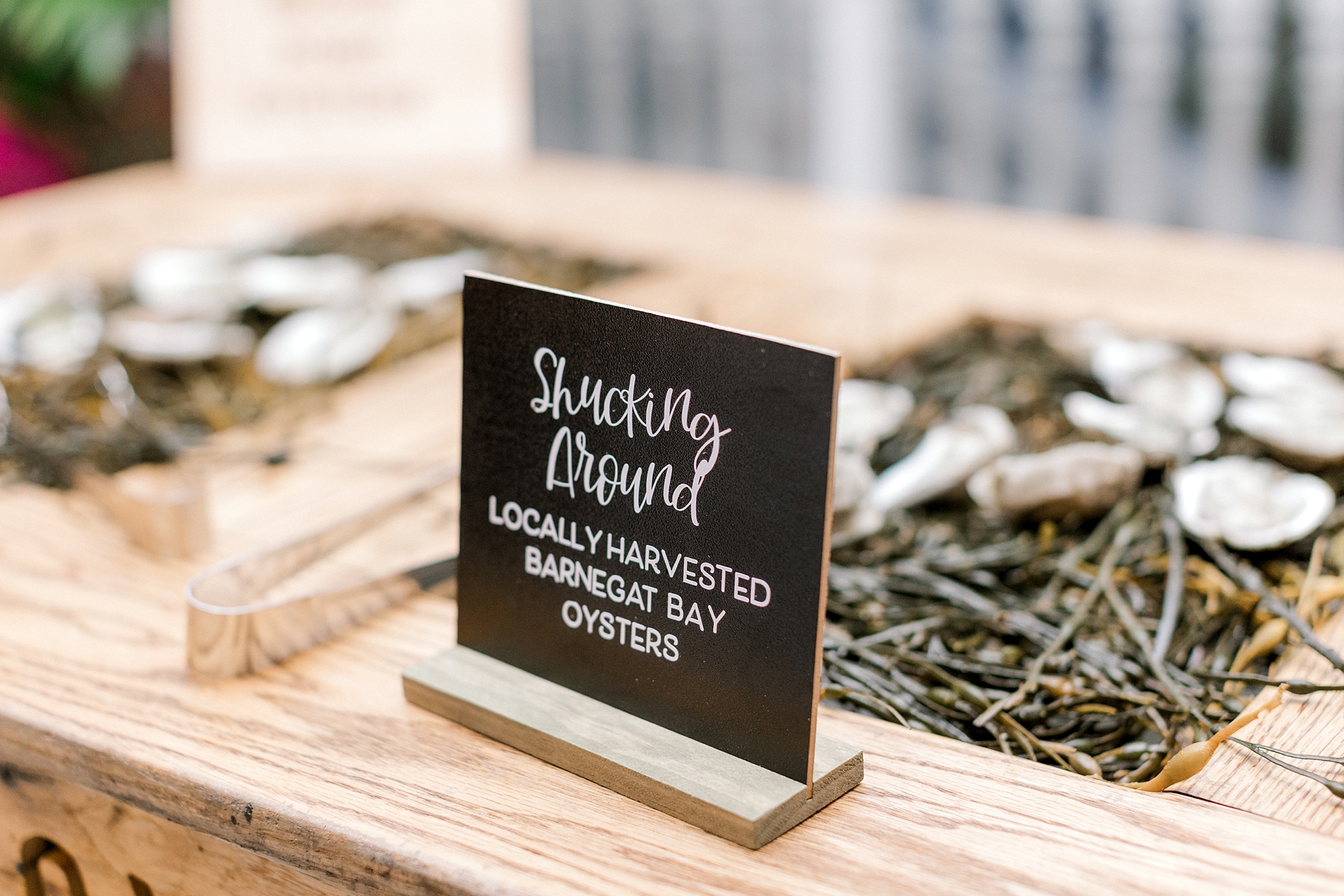 oyster sign for food at Long Beach Island wedding reception