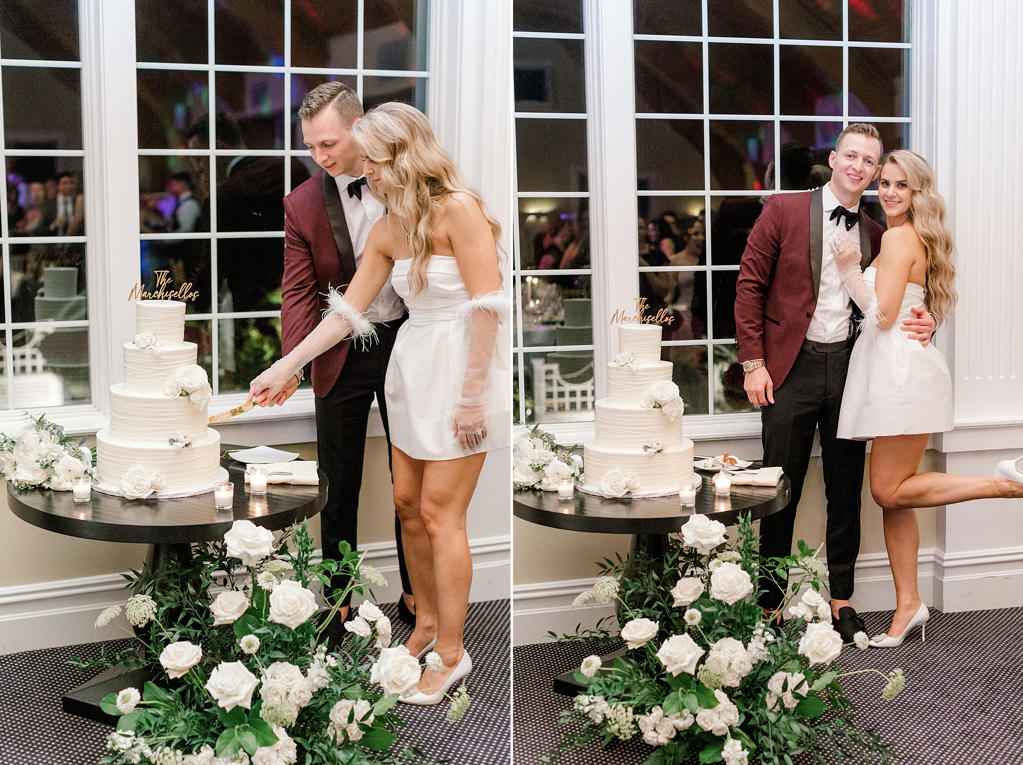 bride and groom cut wedding cake together during Long Beach Island wedding reception