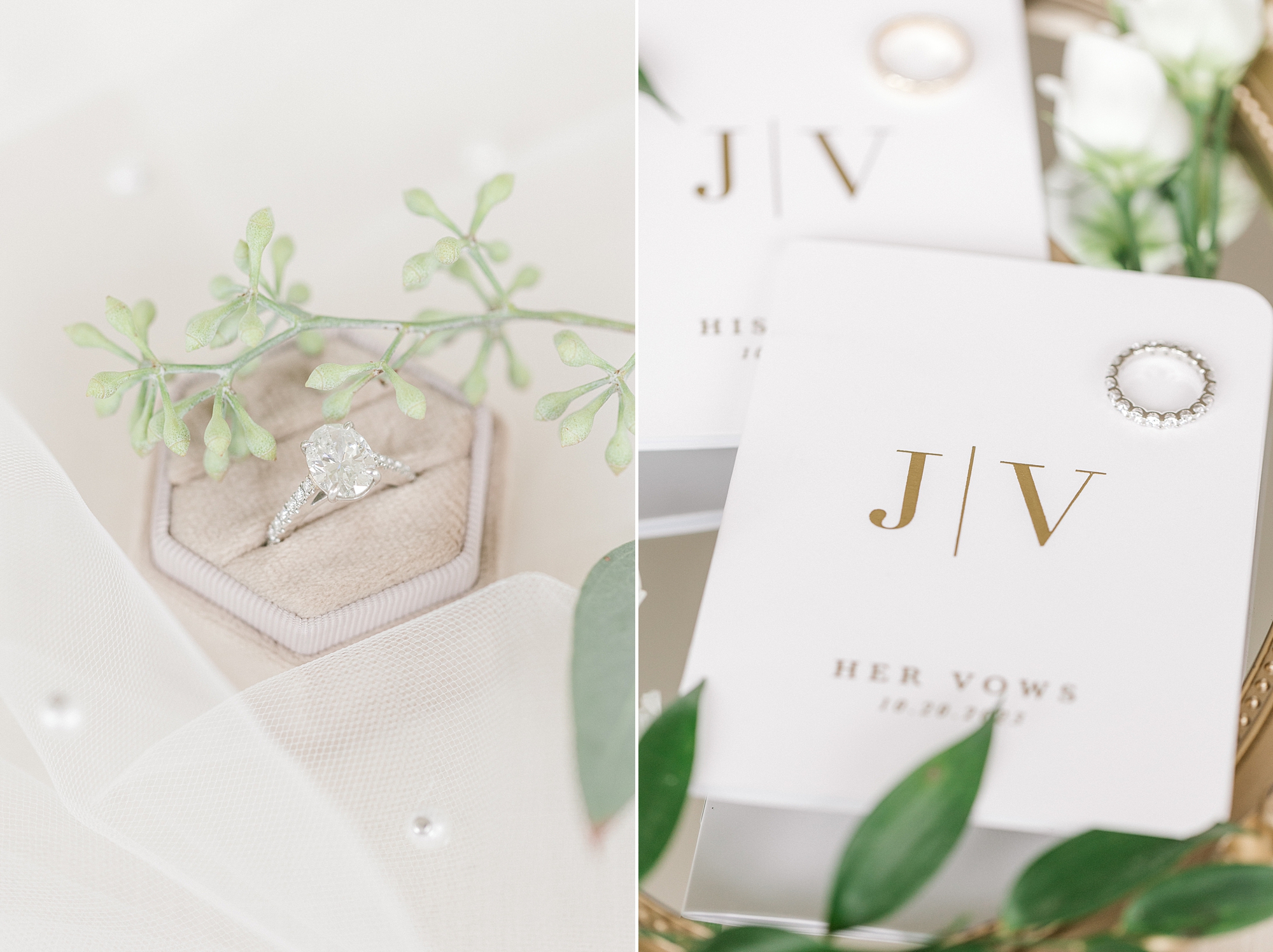 white and gold invitation suite next to rings in rose gold ring box