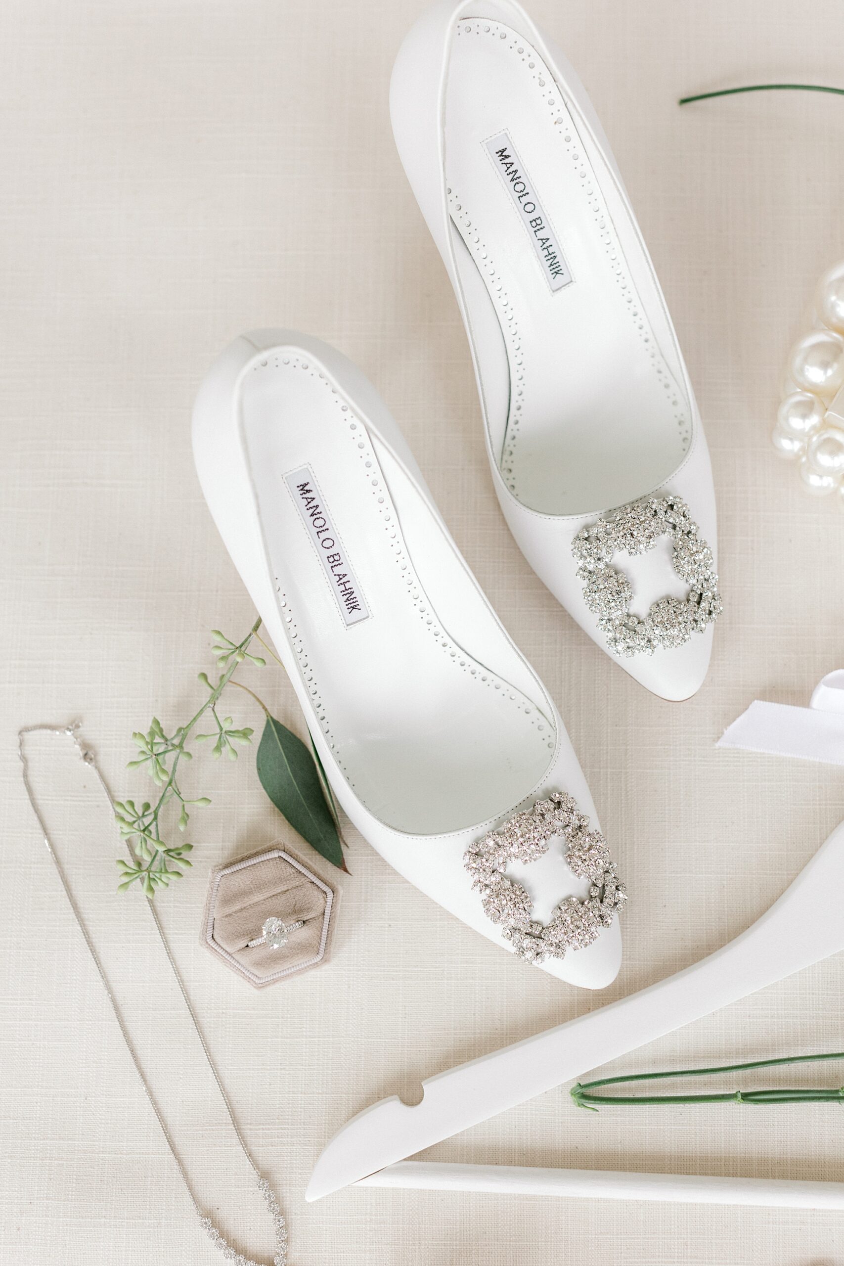 bride's white Manolo Blahnik shoes for wedding day