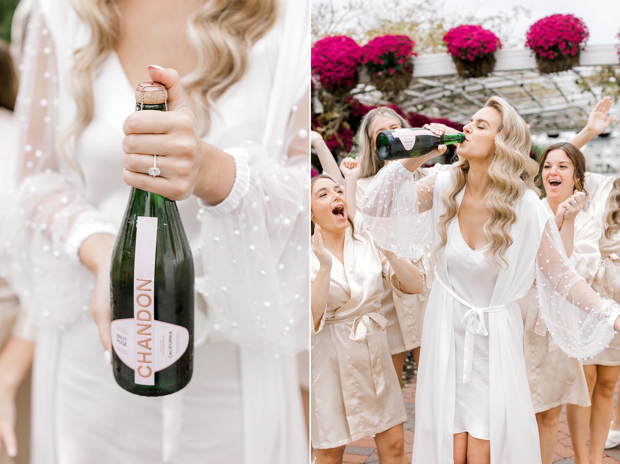 bridesmaid drinks champagne with bridesmaids under pink flowers at Bonnet Island Estate