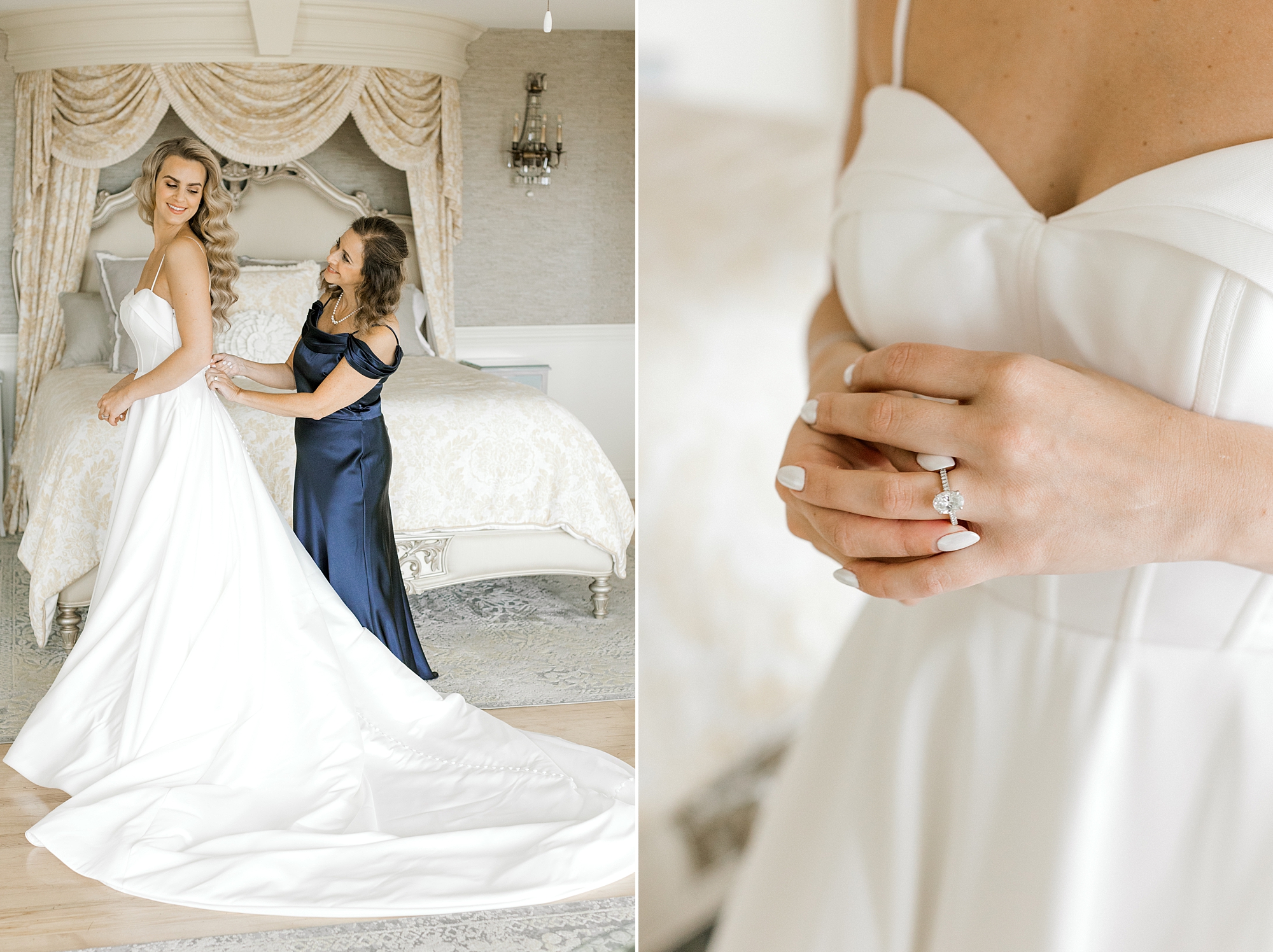 bride puts on engagement ring in front of wedding dress in bridal suite