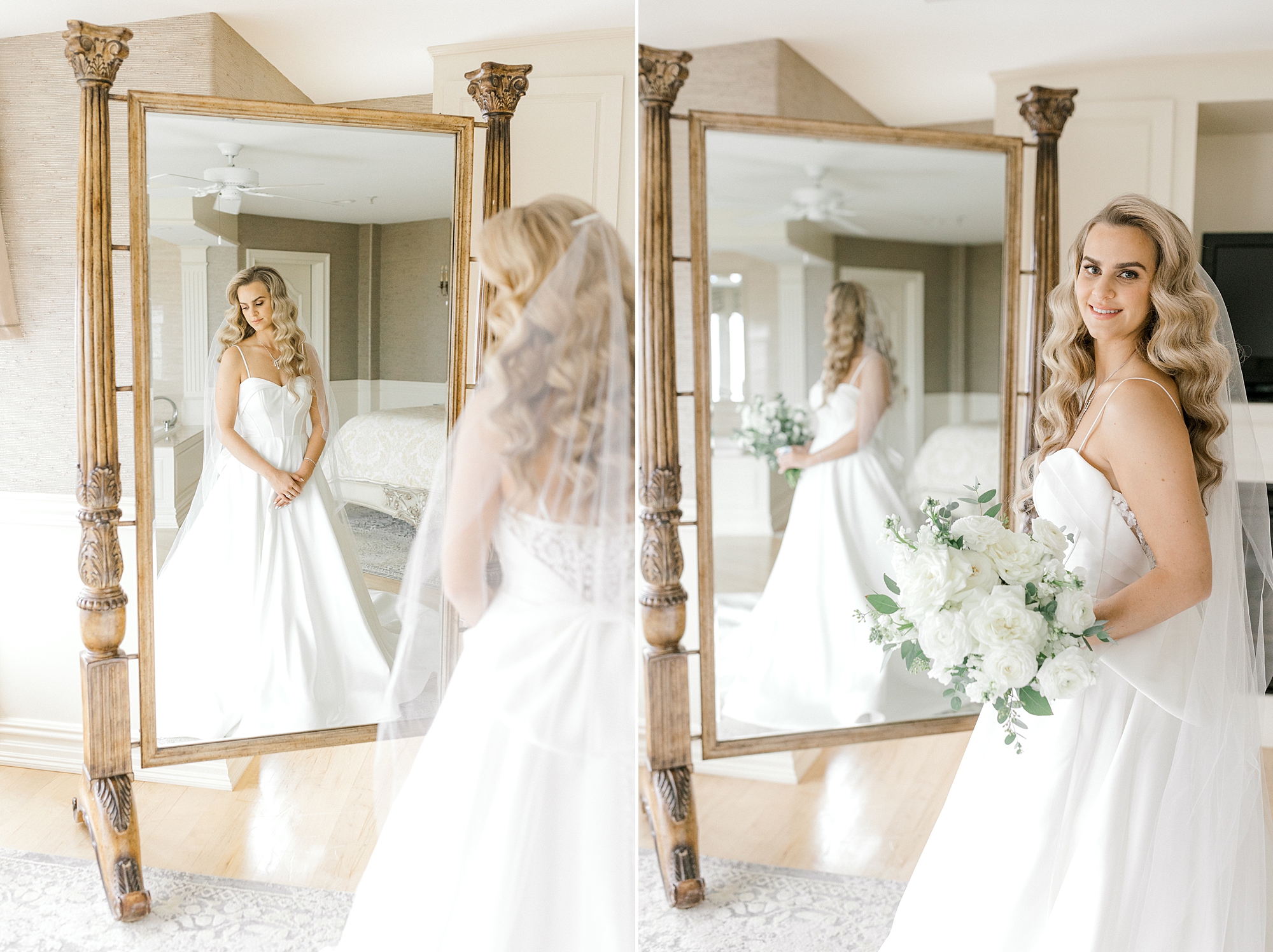 bride looks over shoulder in front of gold mirror inside suite at Bonnet Island Estate