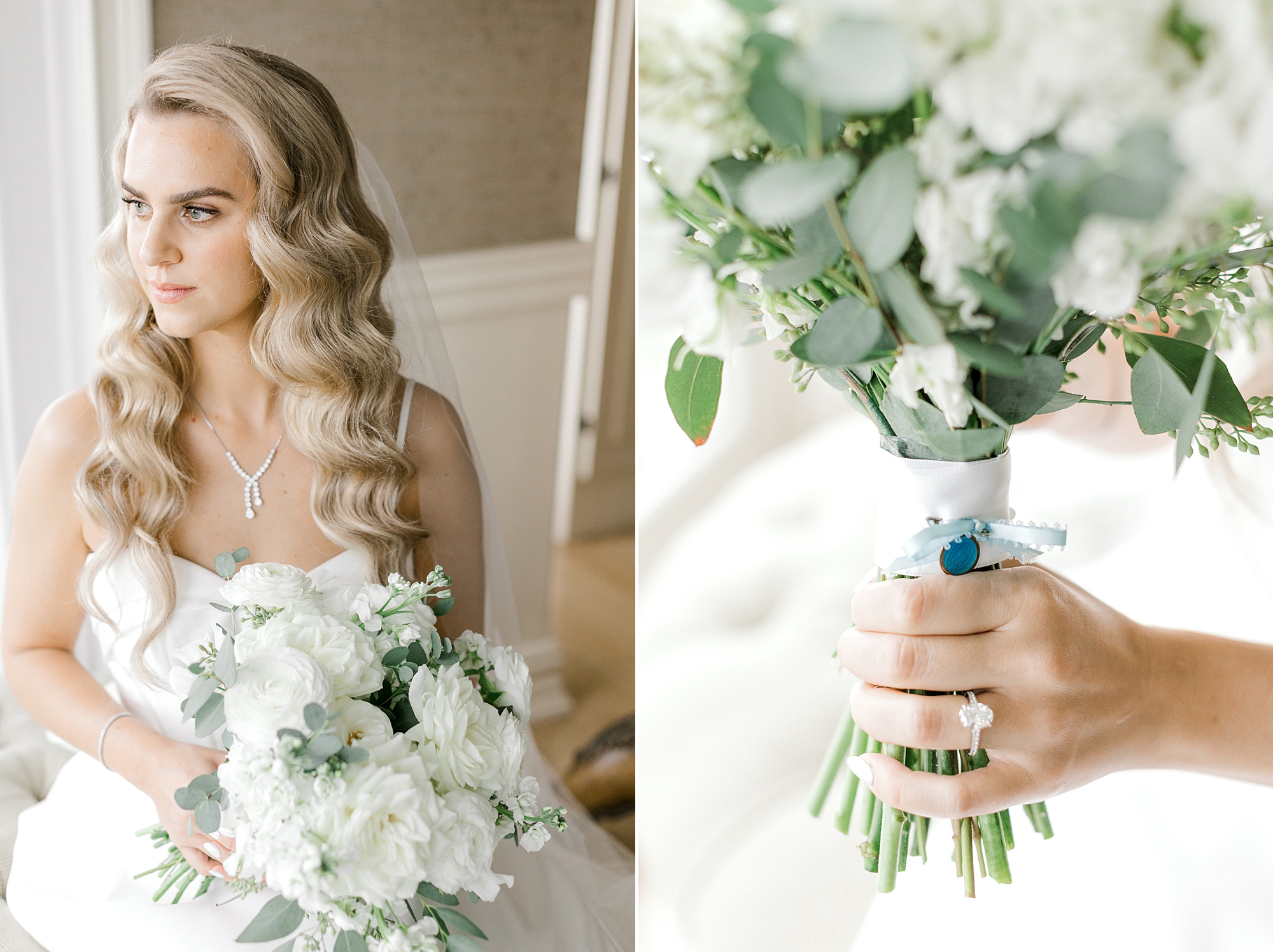 bride holds bouquet of white flowers and greenery