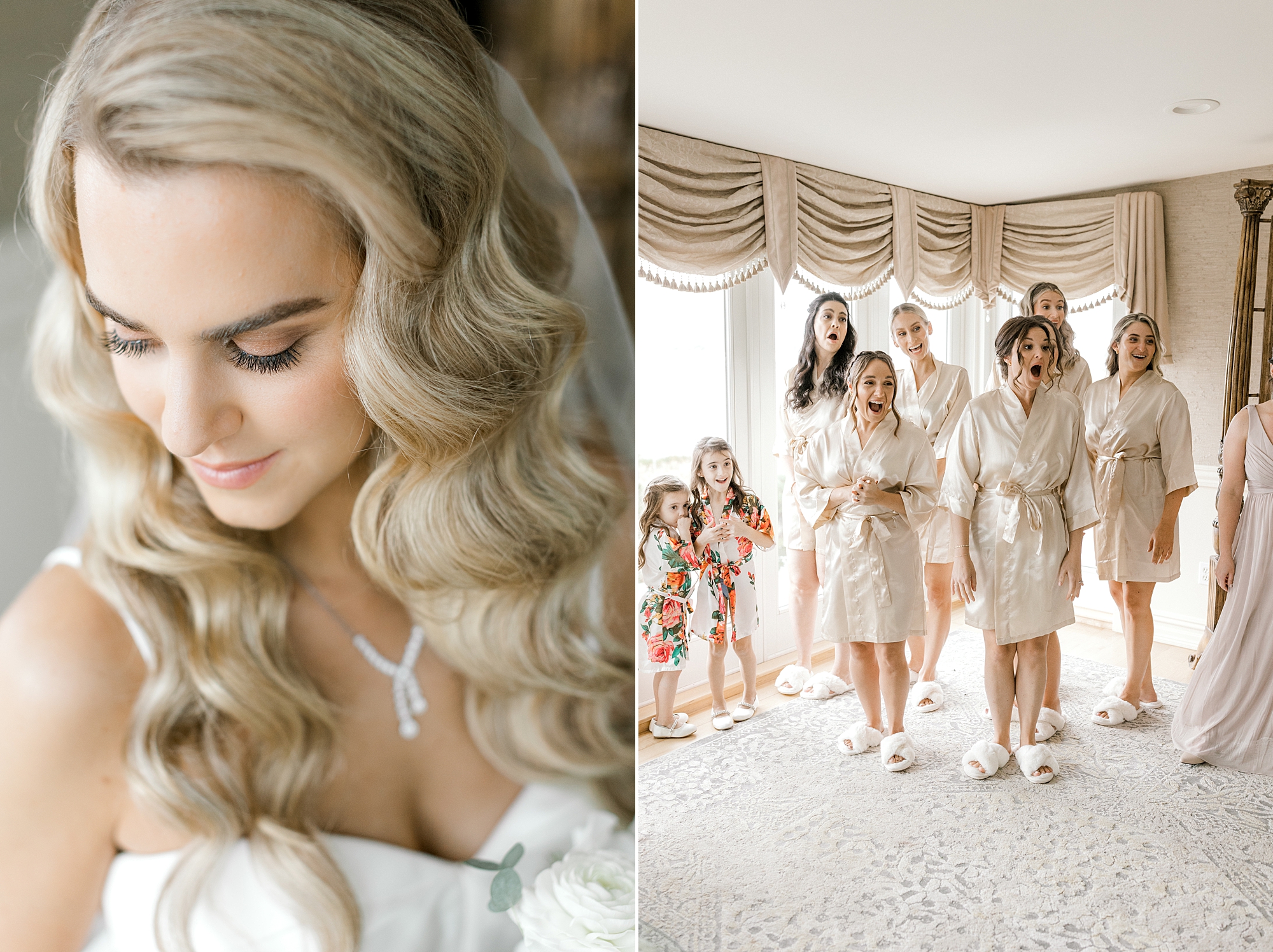 bride looks over shoulder and bridesmaids react to bride during first look