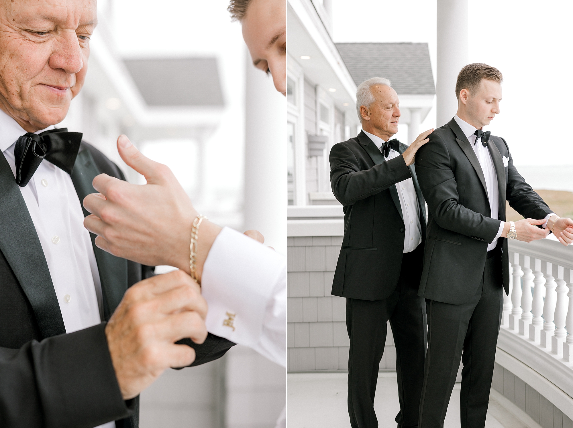 father adjusts cufflinks for groom before Long Beach Island wedding