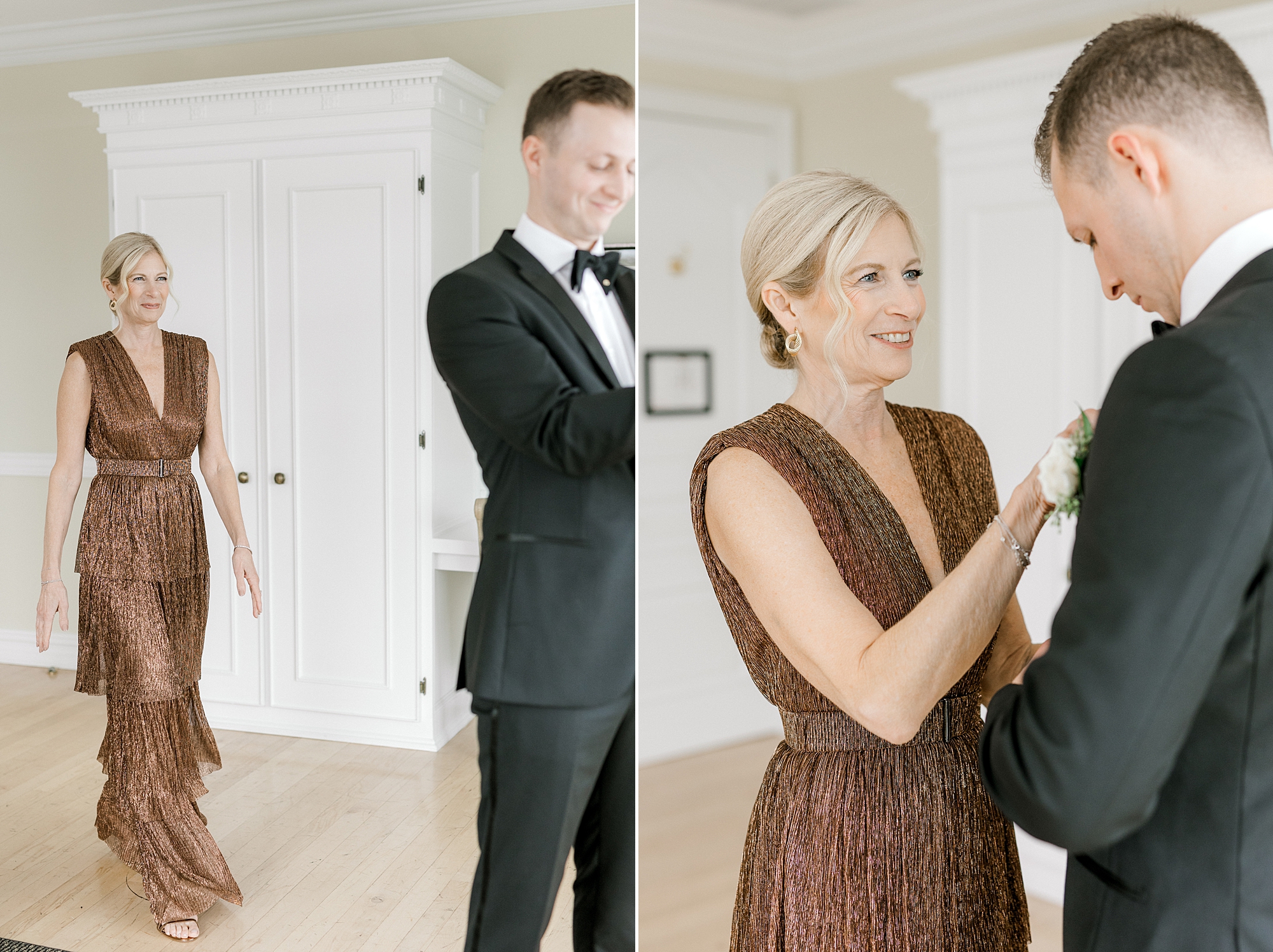 mother of the groom puts on boutonnière for him