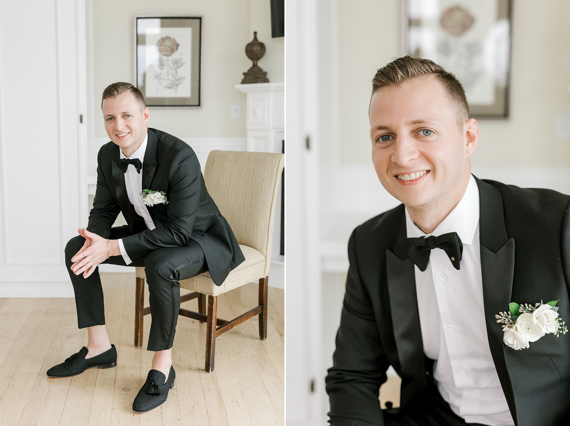 groom sits leaning on knees in black suit before Long Beach Island wedding