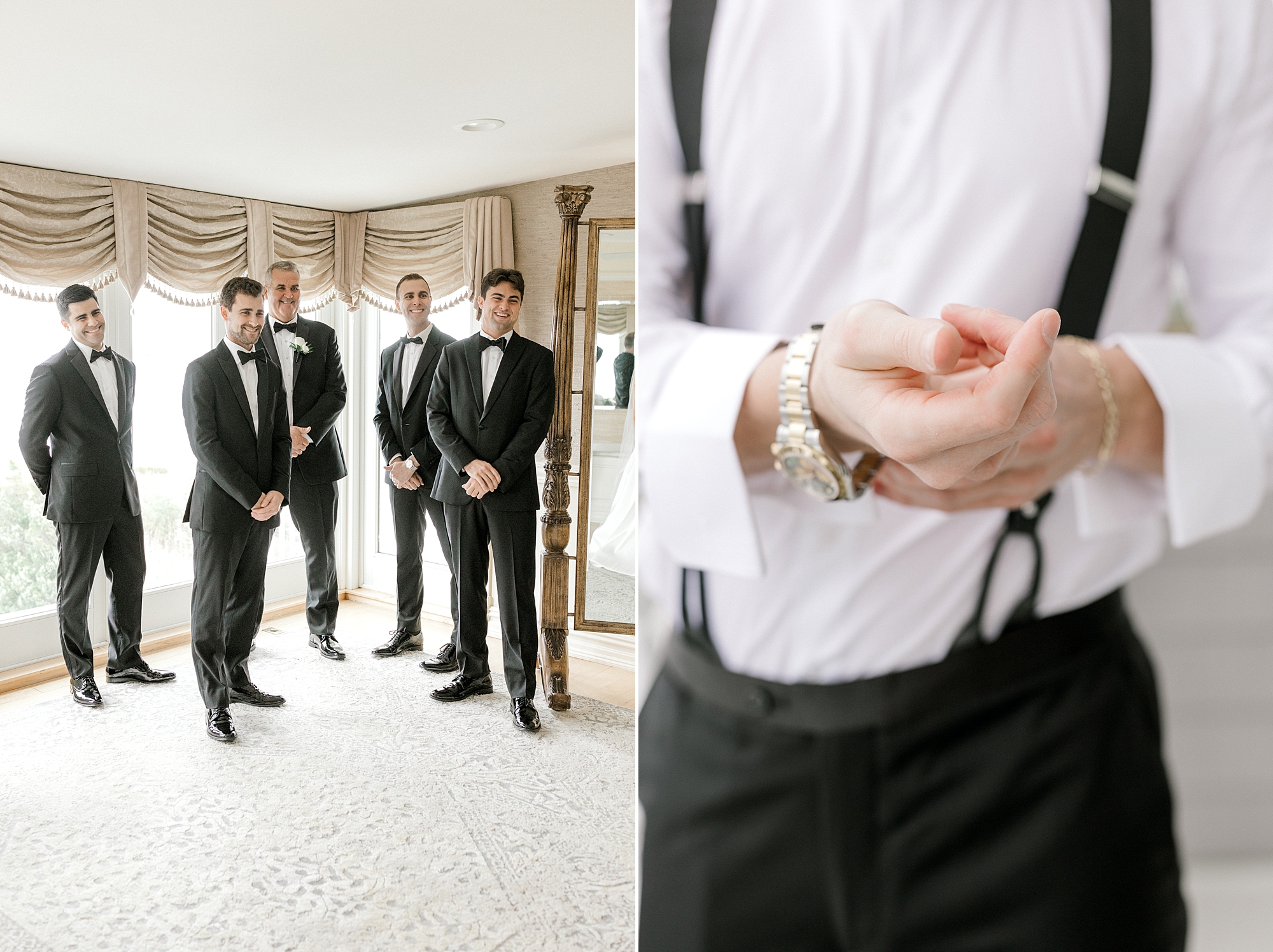 groom adjusts cufflinks and watch before Long Beach Island wedding