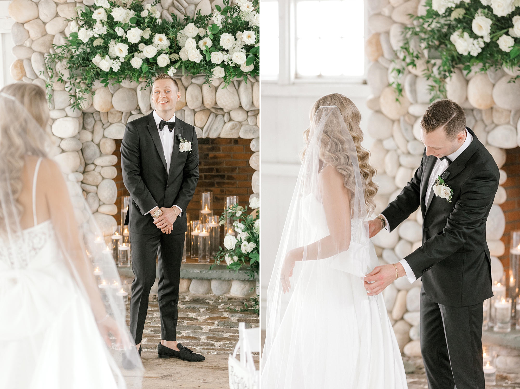 groom looks at bow on bride's Martina Liana wedding dress during first look