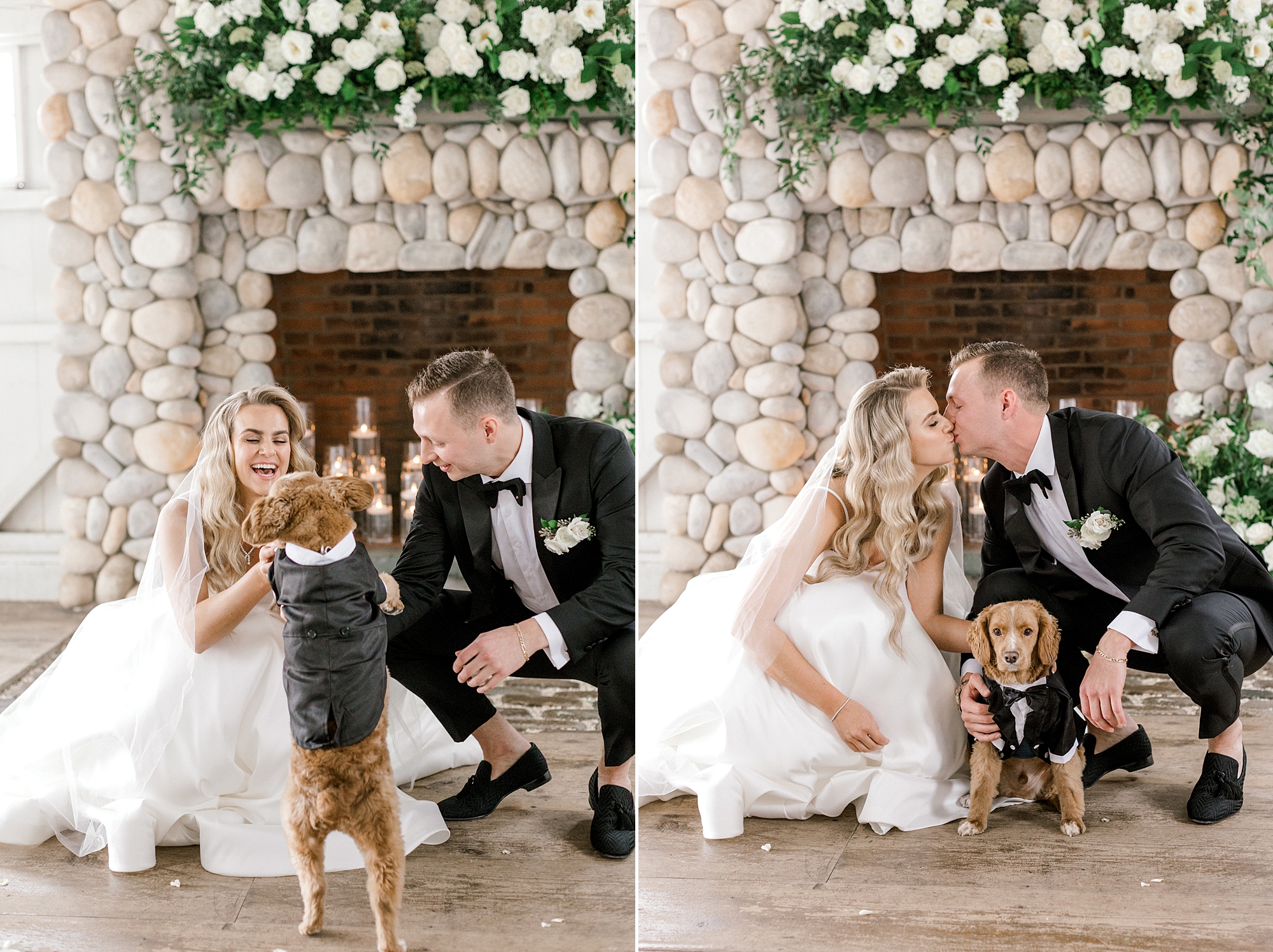 bride and groom pose with dog in tuxedo at Bonnet Island Estate