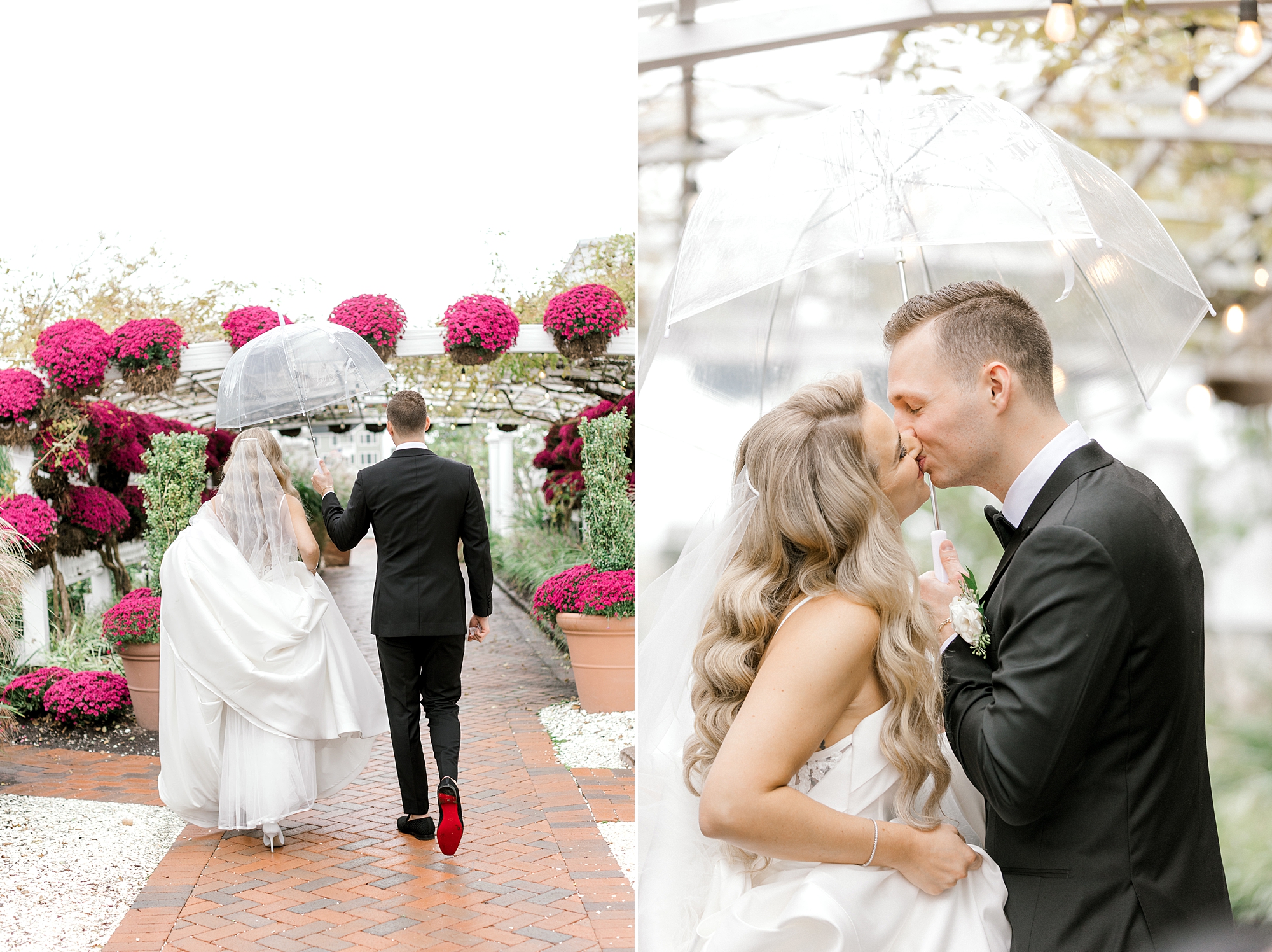 bride and groom kiss under umbrella walking outside Bonnet Island Estate on rainy wedding day