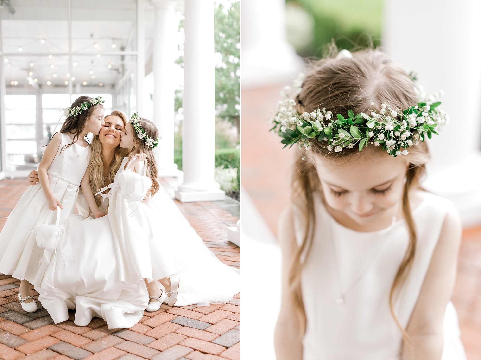 flower girls in green and white flower crowns kiss bride's cheek
