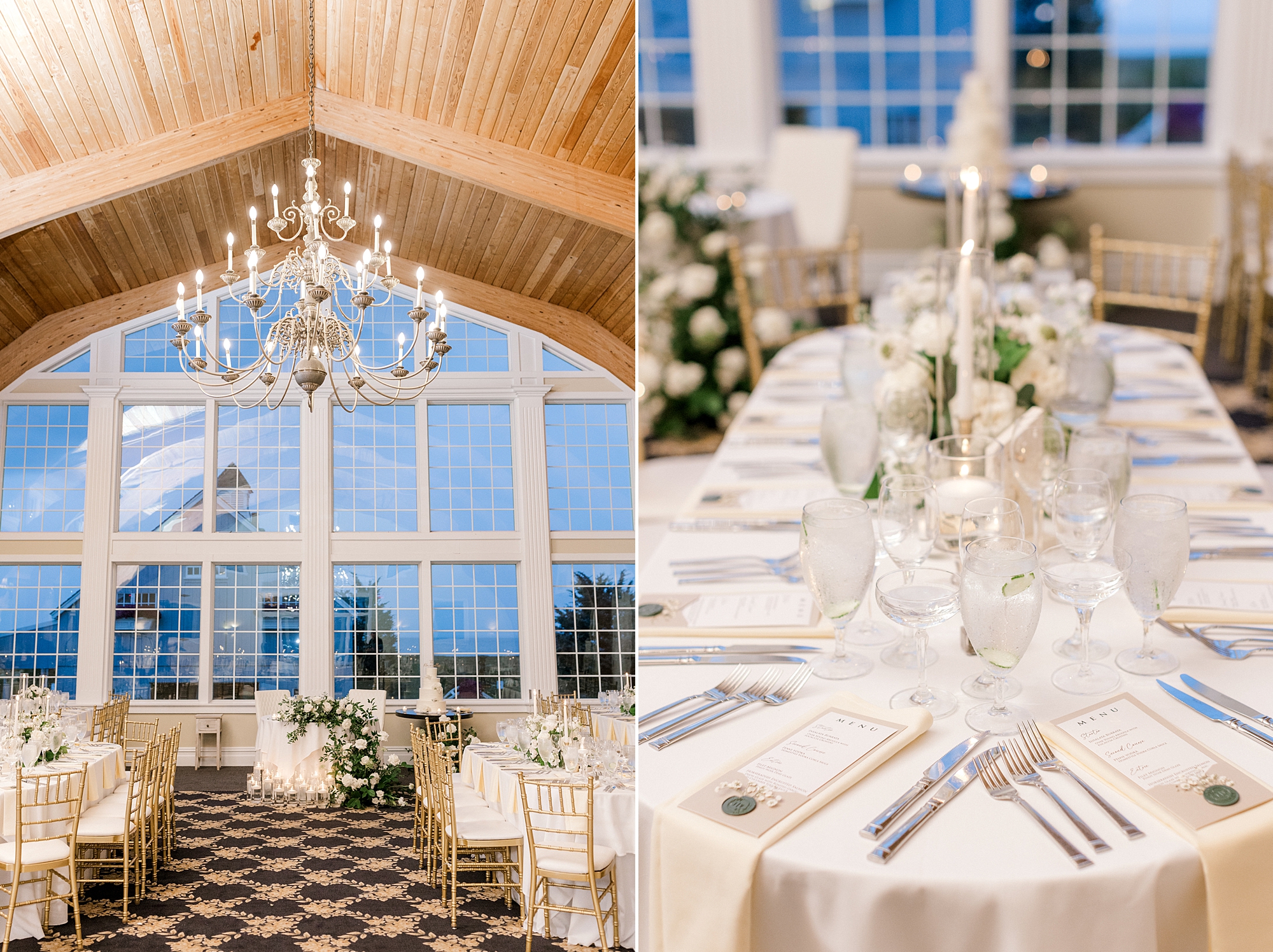 wedding reception in front of big windows at Bonnet Island Estate with white accents