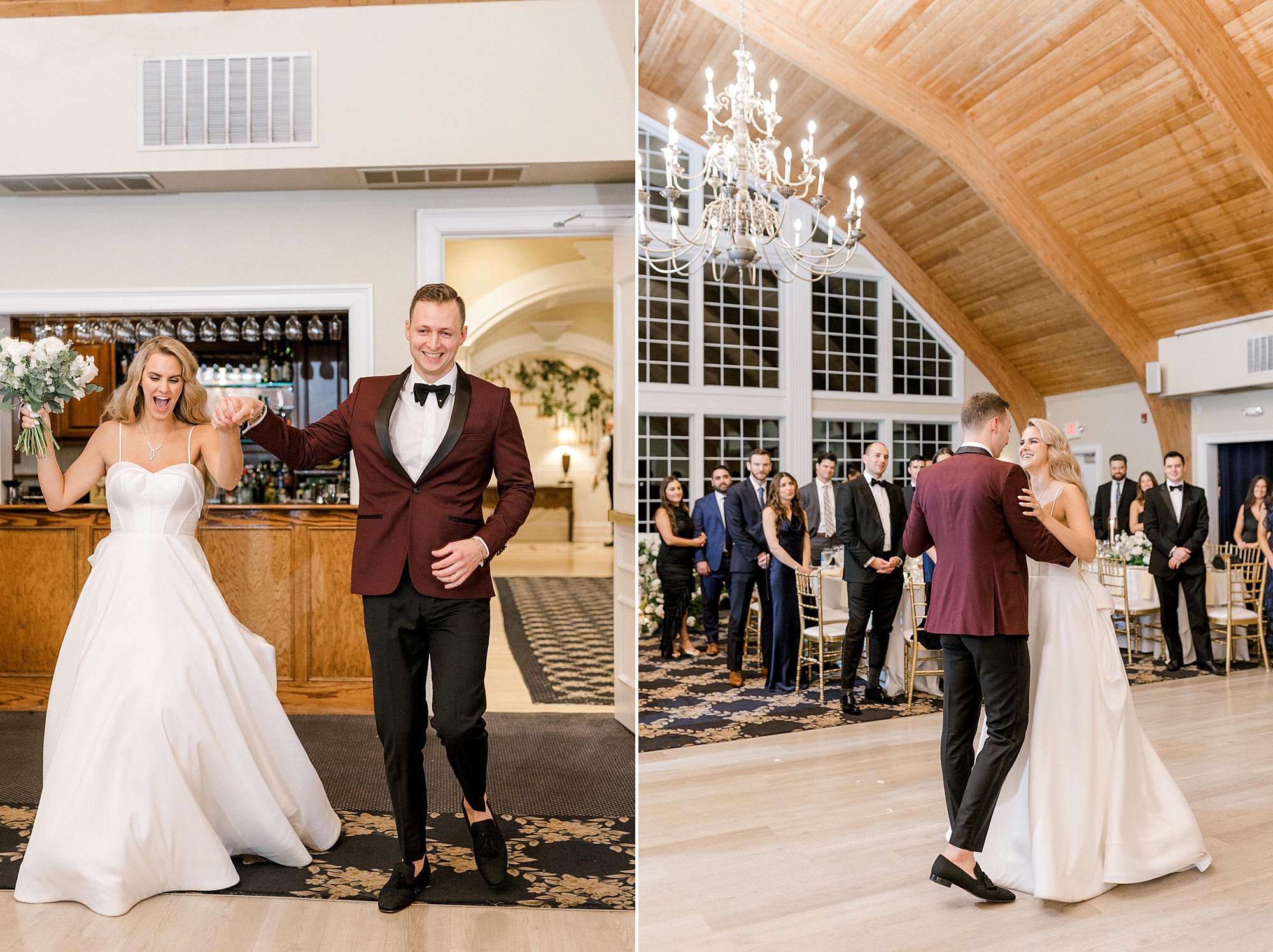 groom in maroon smoking jacket twirls bride on dance floor at Long Beach Island wedding reception