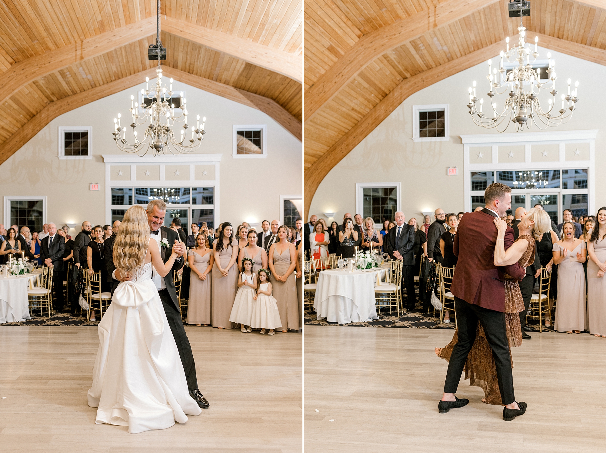 bride dances with dad and groom during Long Beach Island wedding reception