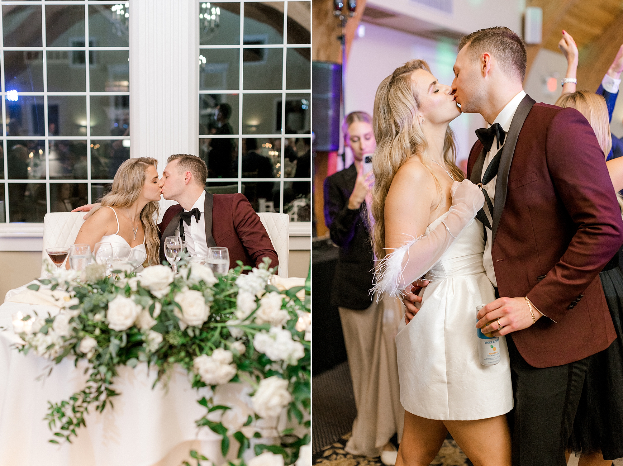 bride and groom kiss at sweetheart table and on dance floor during Long Beach Island wedding reception