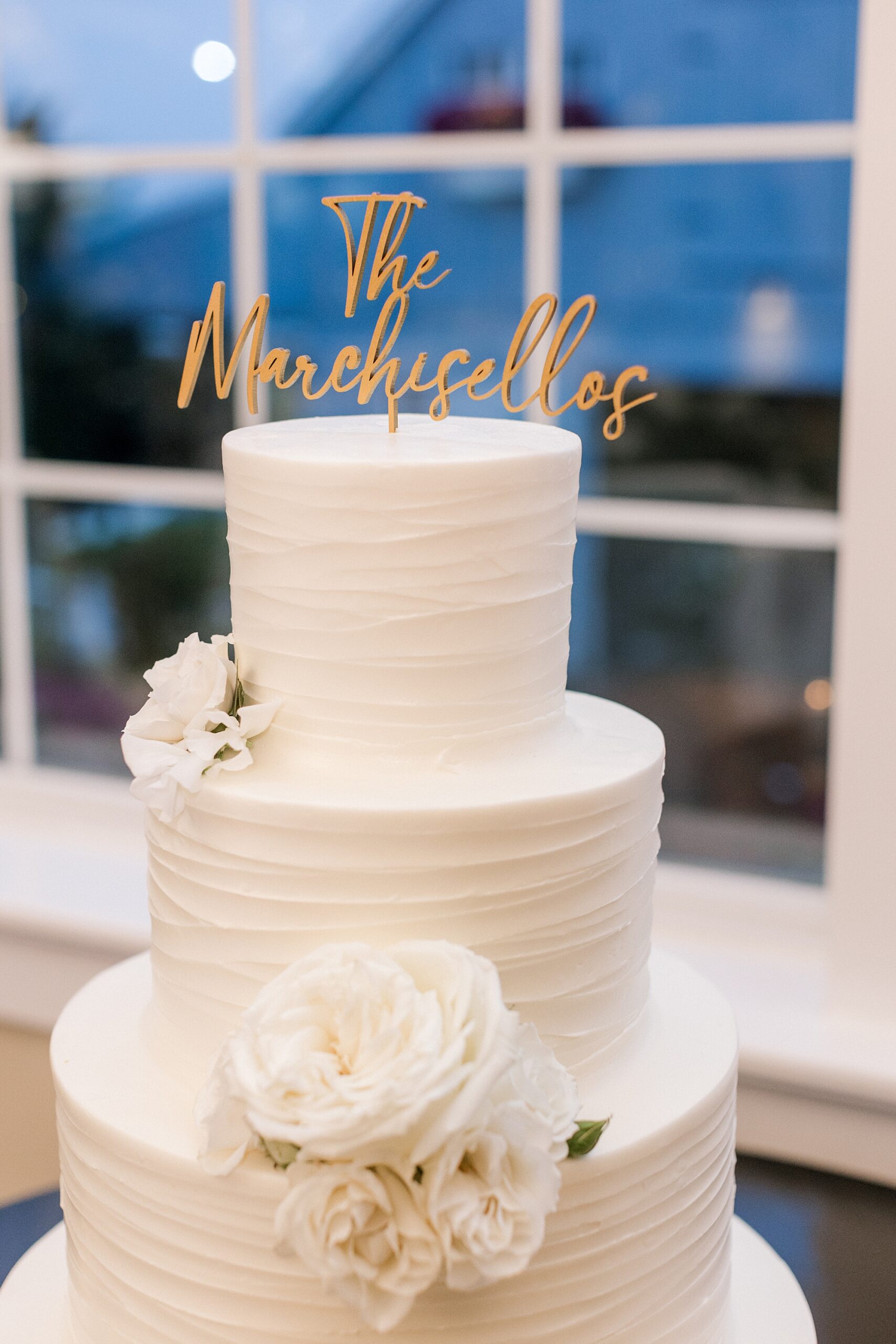 tiered wedding cake with gold topper for Long Beach Island wedding reception