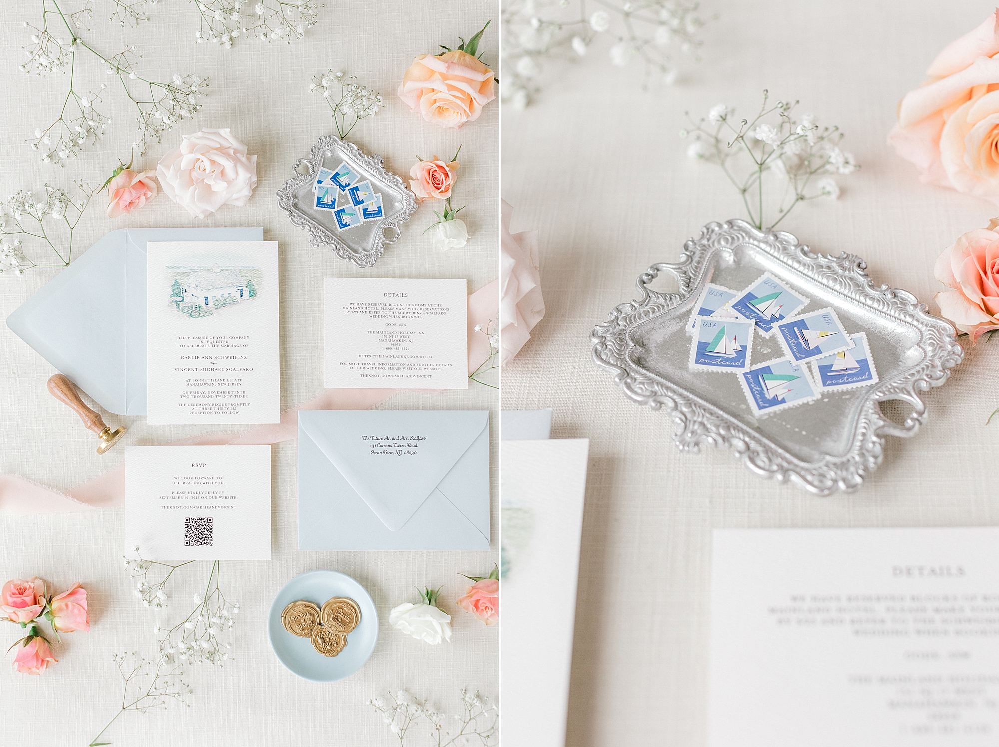 pastel blue invitation suite and sailboat stamps for coastal inspired wedding at Bonnet Island Estate