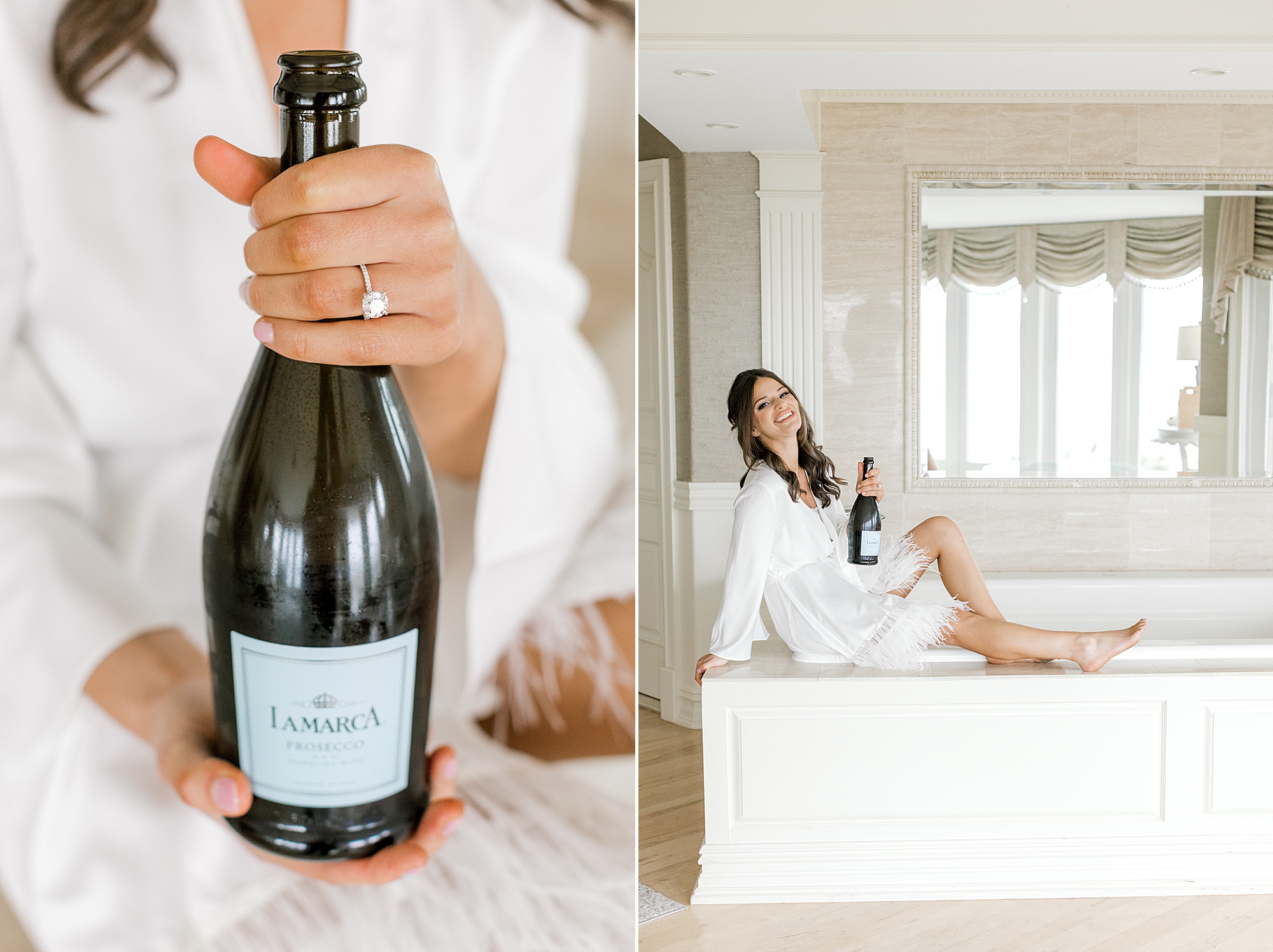 bride sits on edge of tub holding bottle of champagne at Bonnet Island Estate