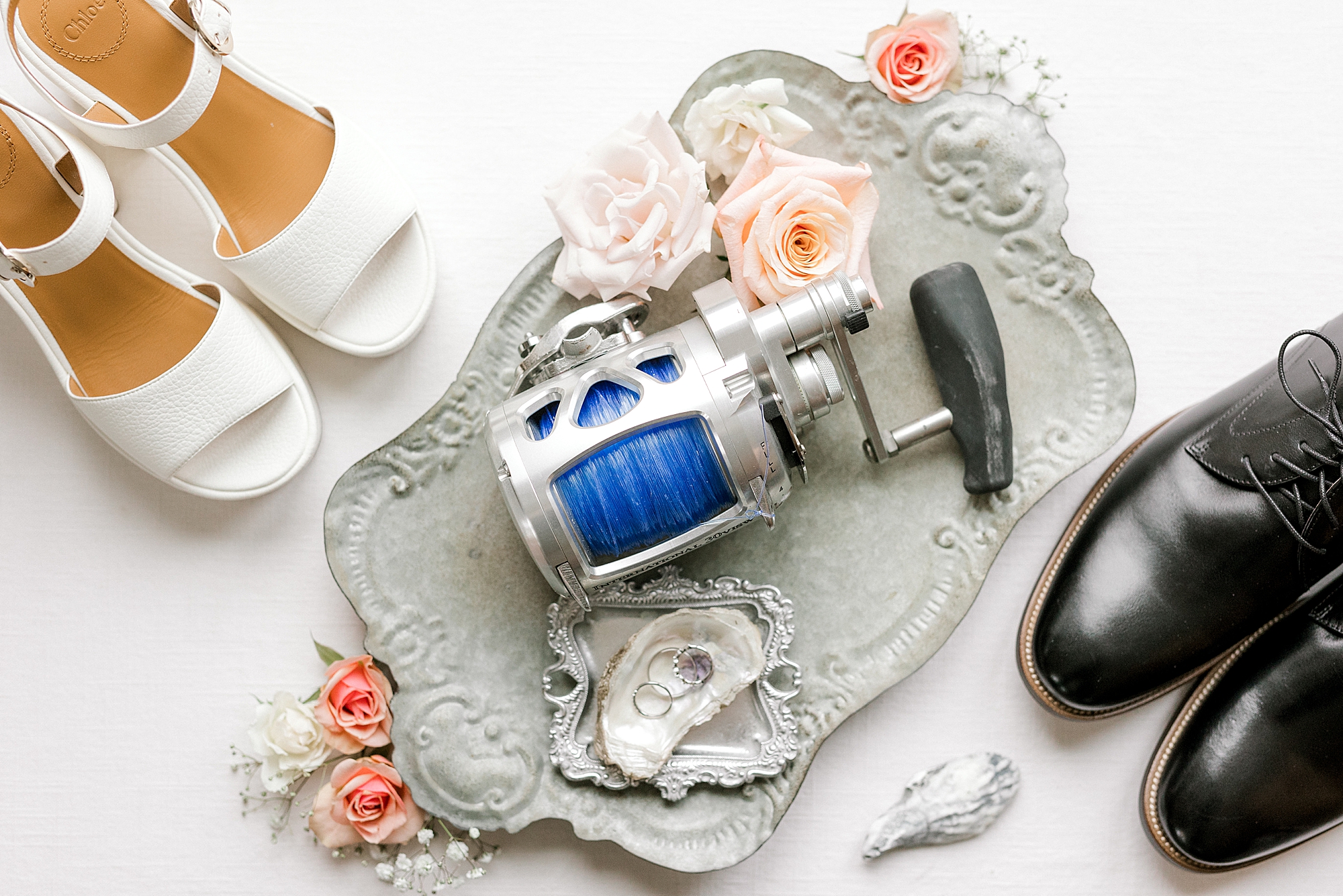 groom's details and shoes on silver tray at Bonnet Island Estate
