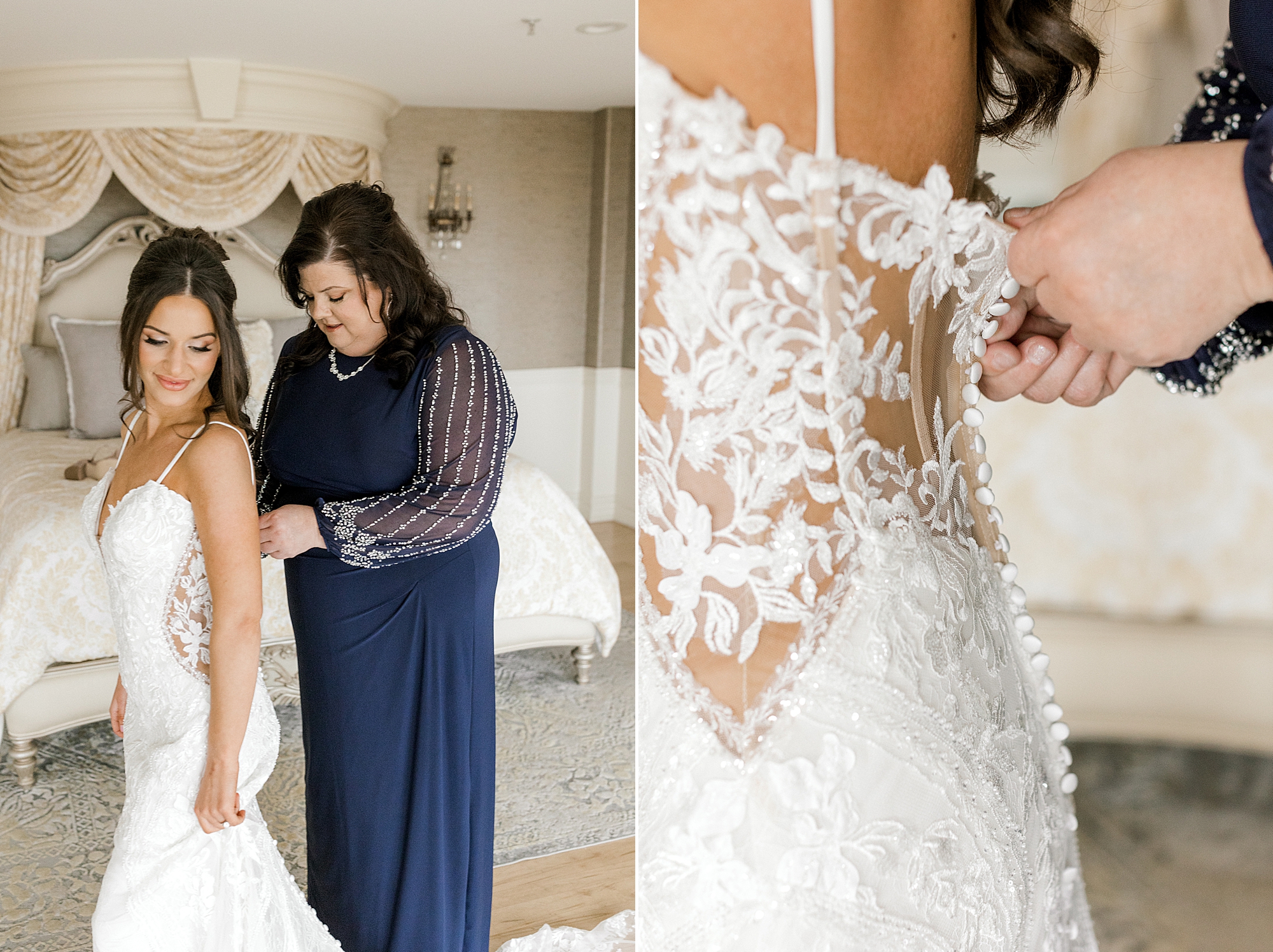 mother in navy dress helps bride into wedding gown in suite at Bonnet Island Estate