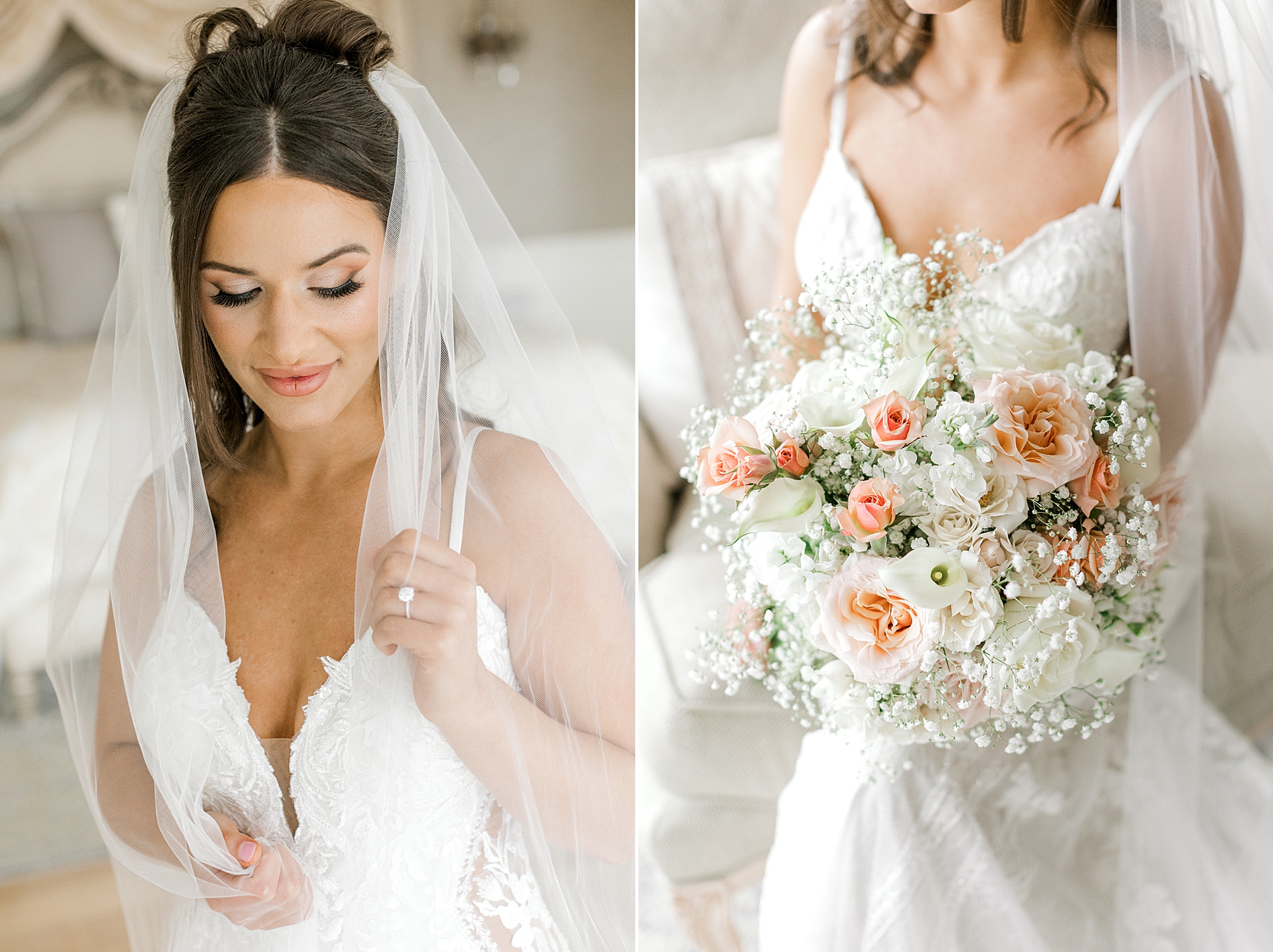 bride holds bouquet of peach roses and white roses
