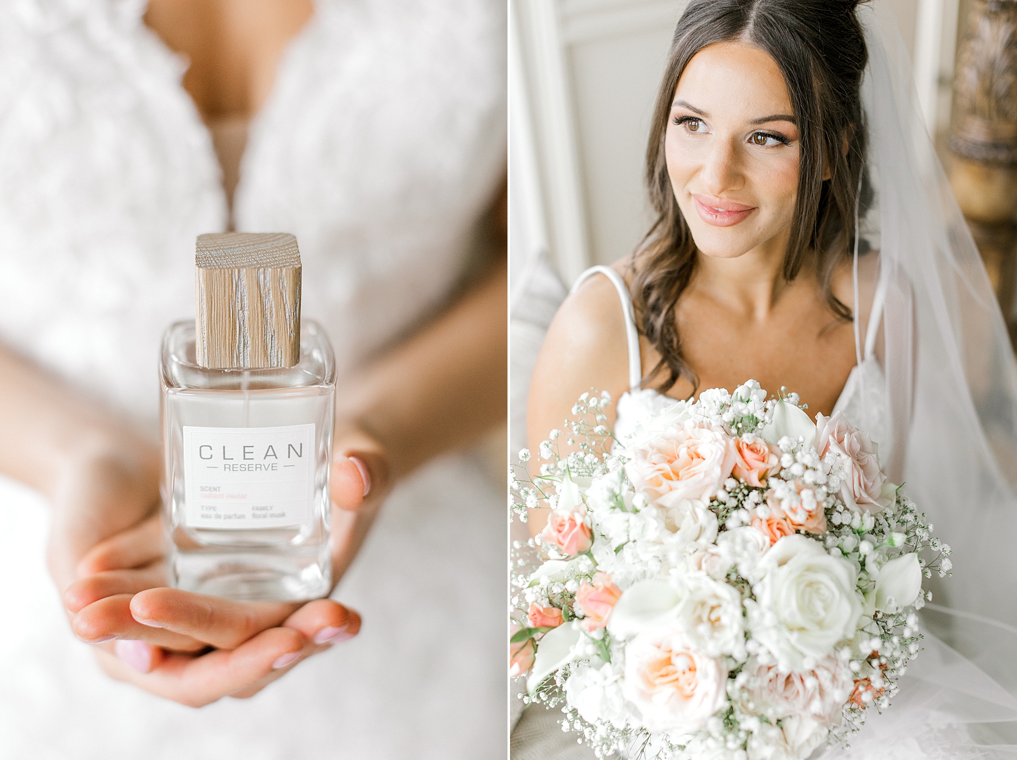 bride sits holding perfume bottle and peach and white bouquet at Bonnet Island Estate