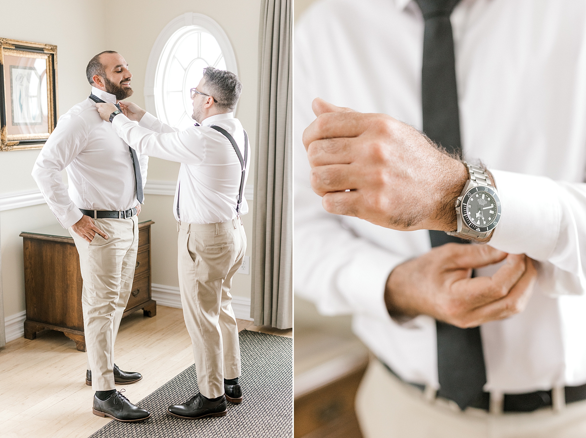 groomsman helps groom with black tie in New Jersey