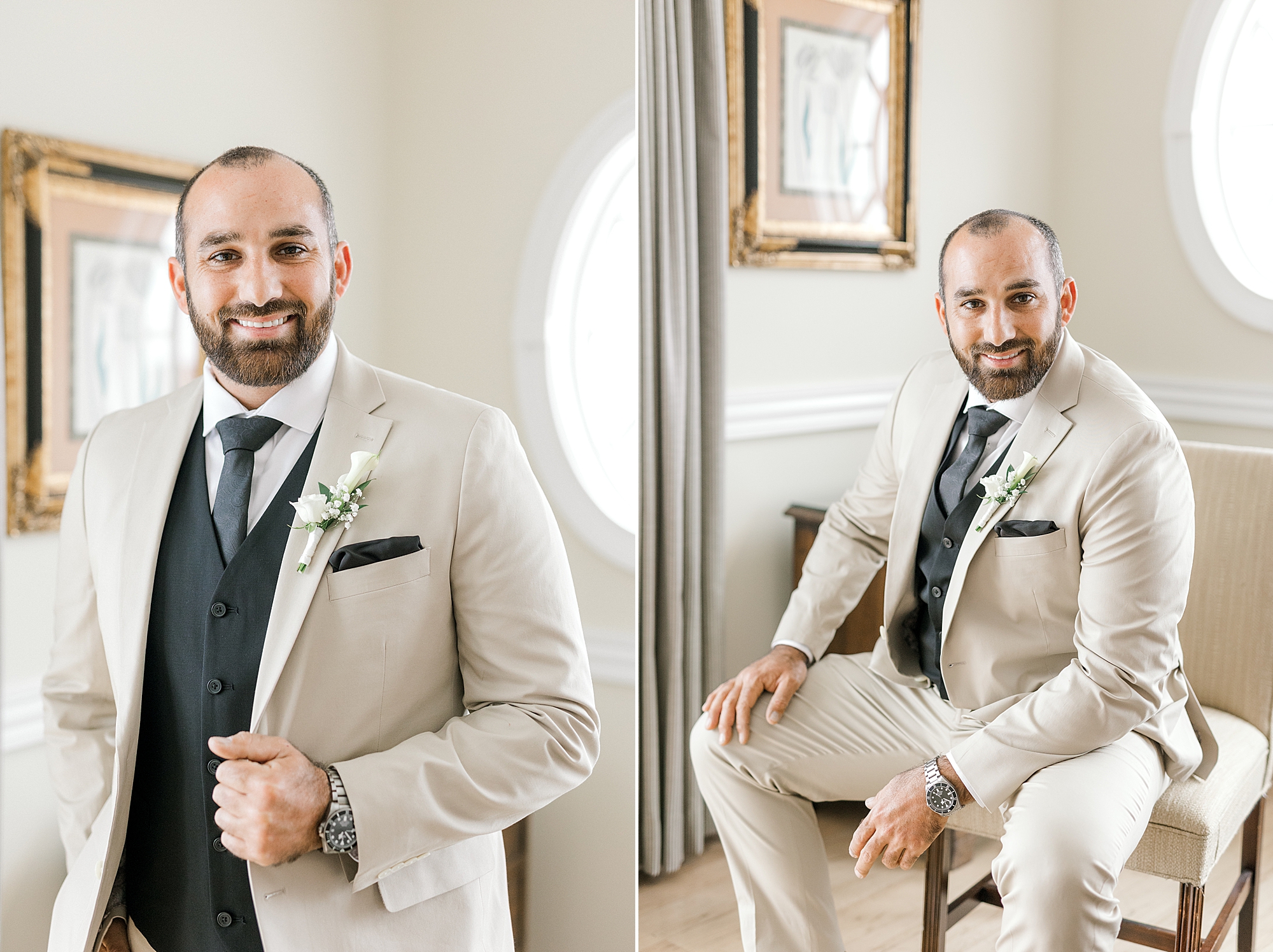 groom sits in tan suit and black tie for Bonnet Island Estate wedding