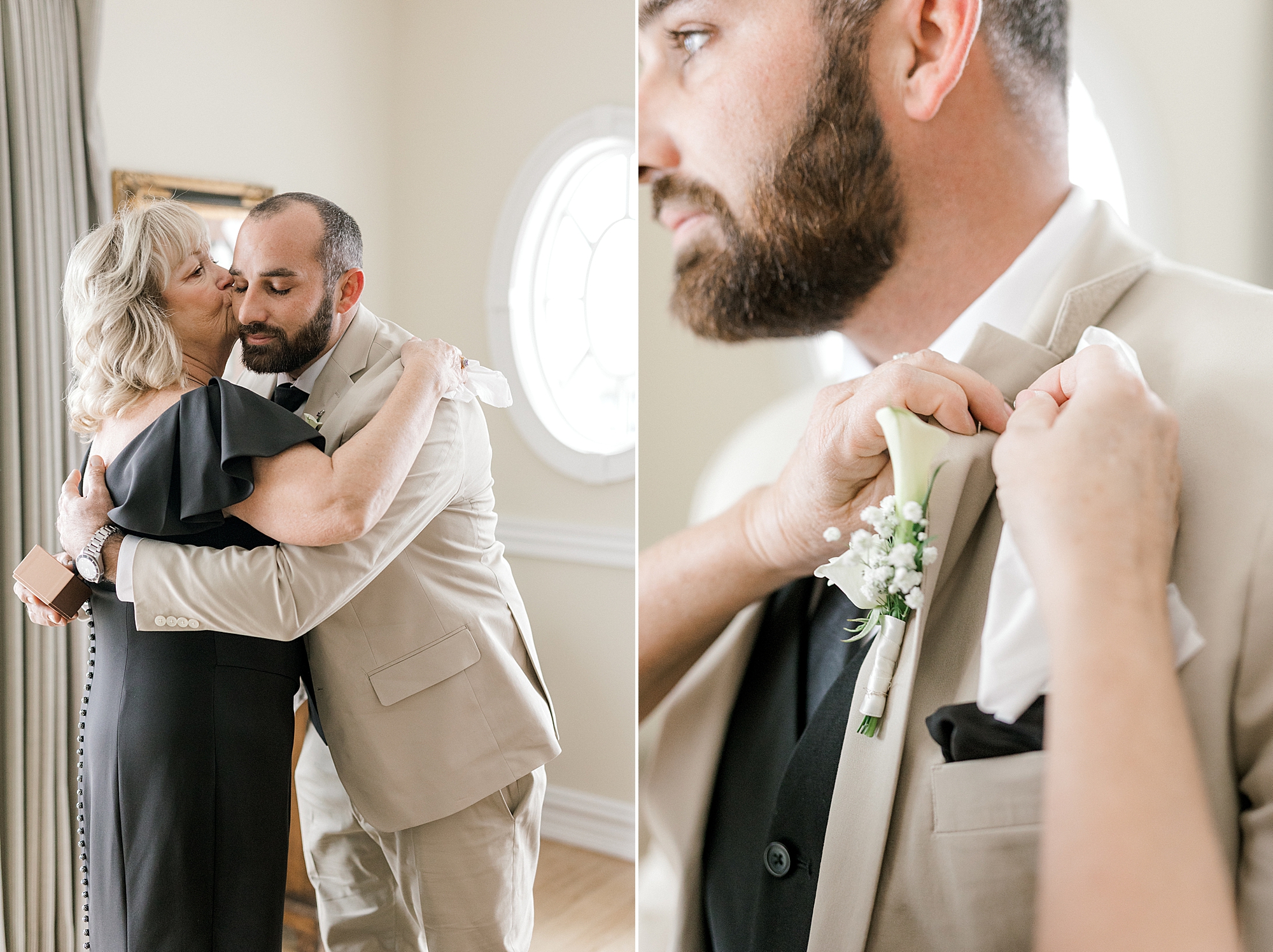 groom's mother helps pin on boutonnière for son