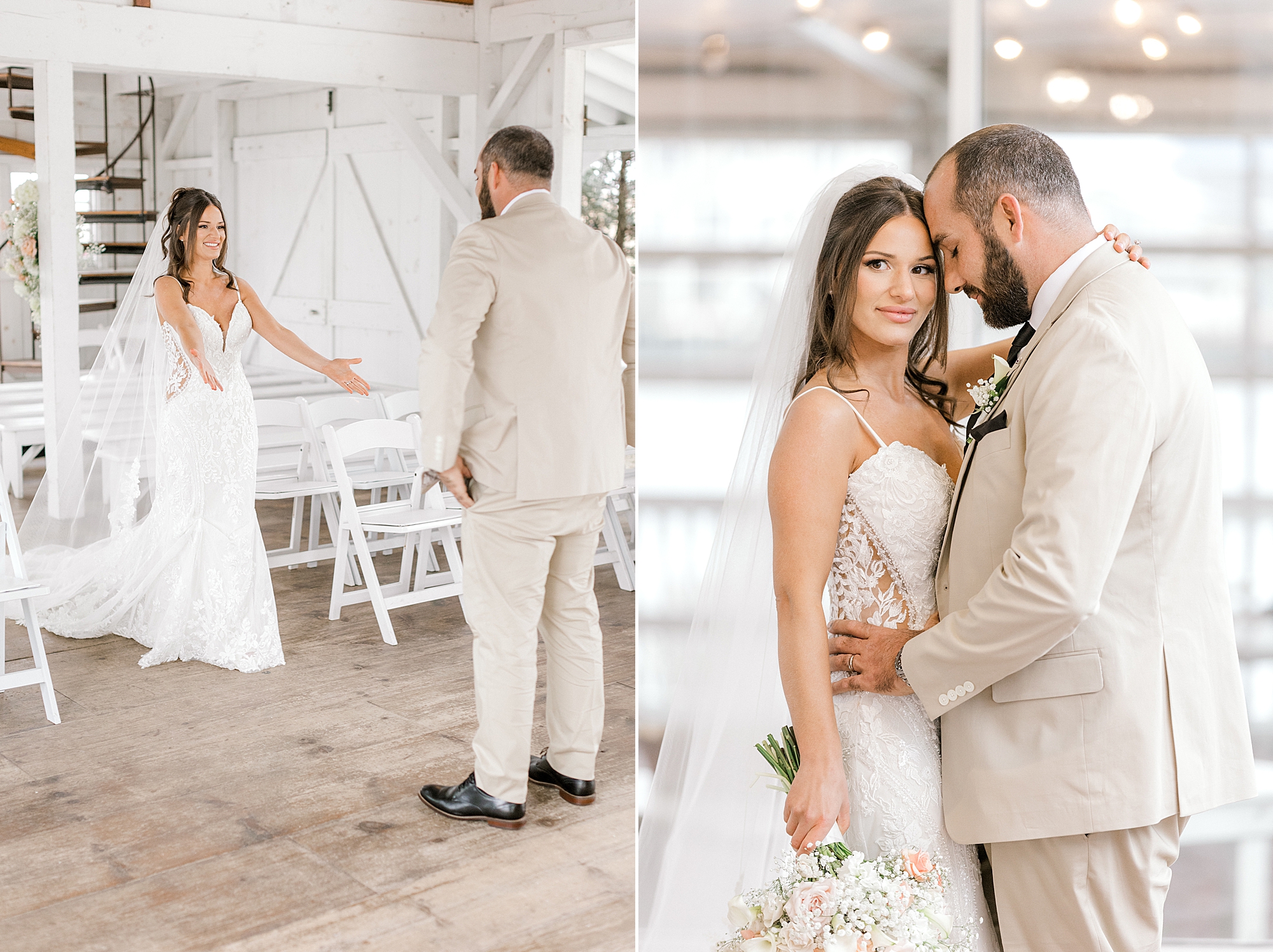 groom in tan suit leans into bride, hugging her after first look