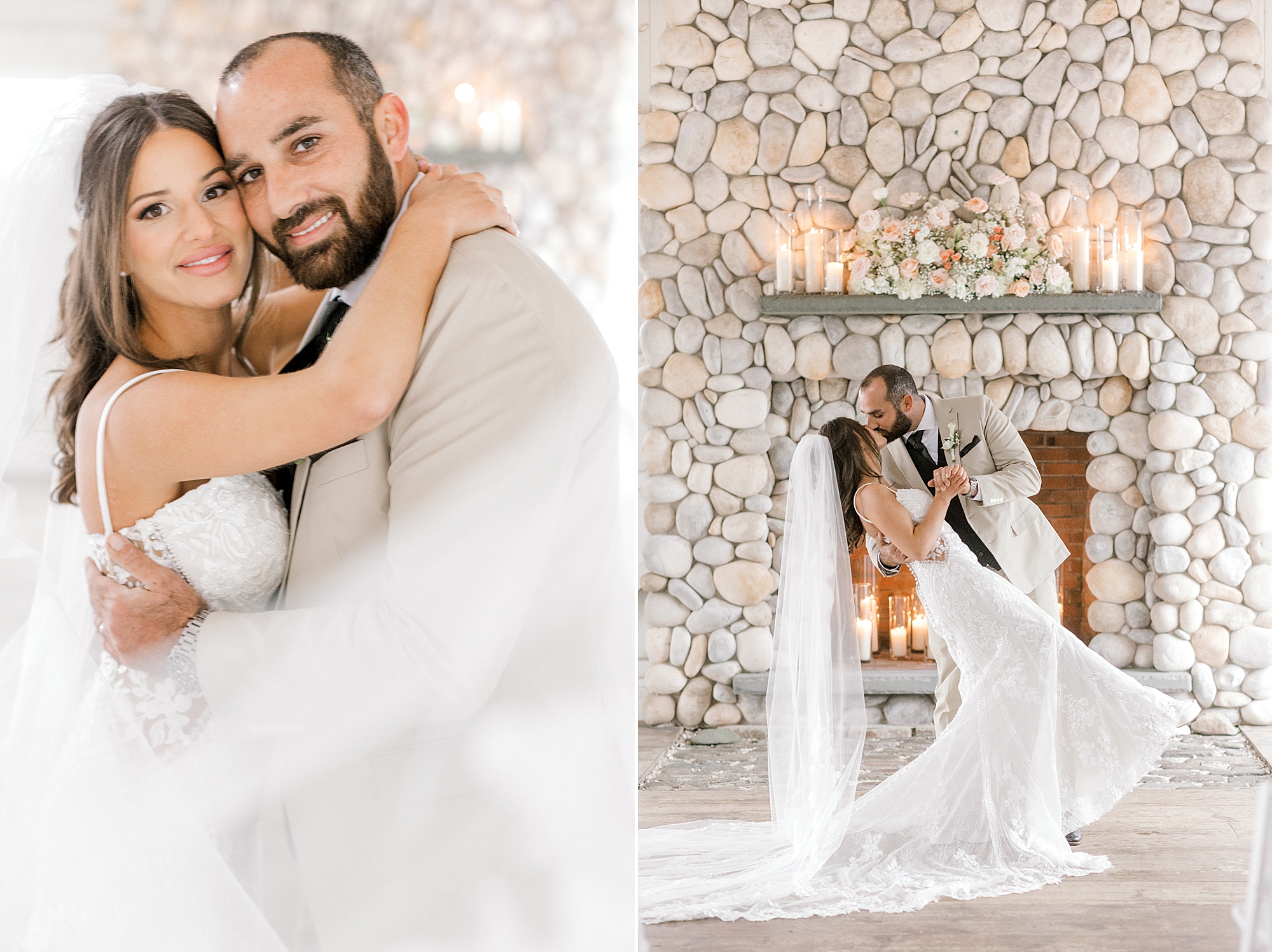 bride and groom hug and dip in front of stone fireplace at Bonnet Island Estate