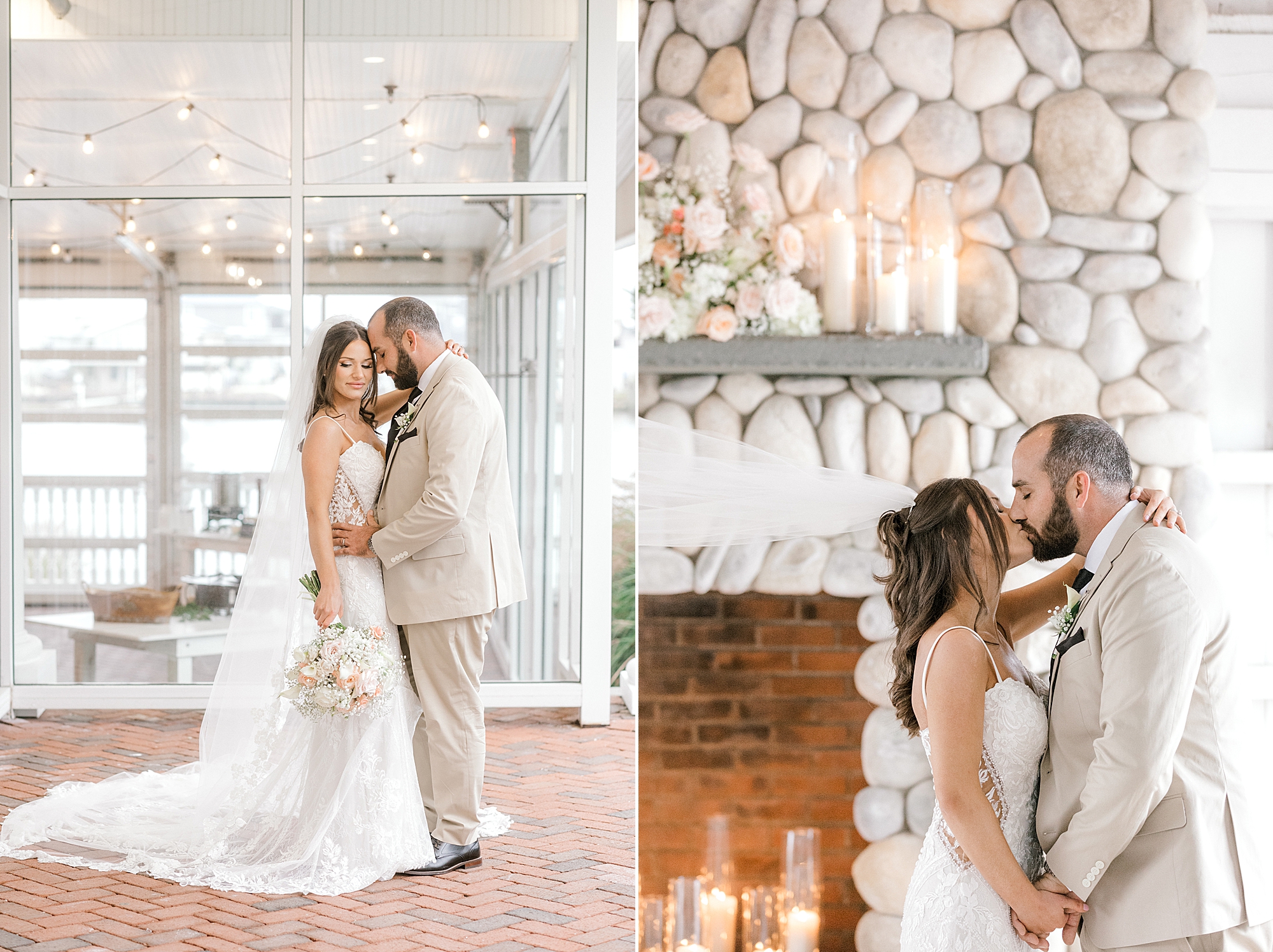 newlyweds hug and kiss in front of stone fireplace at Bonnet Island Estate