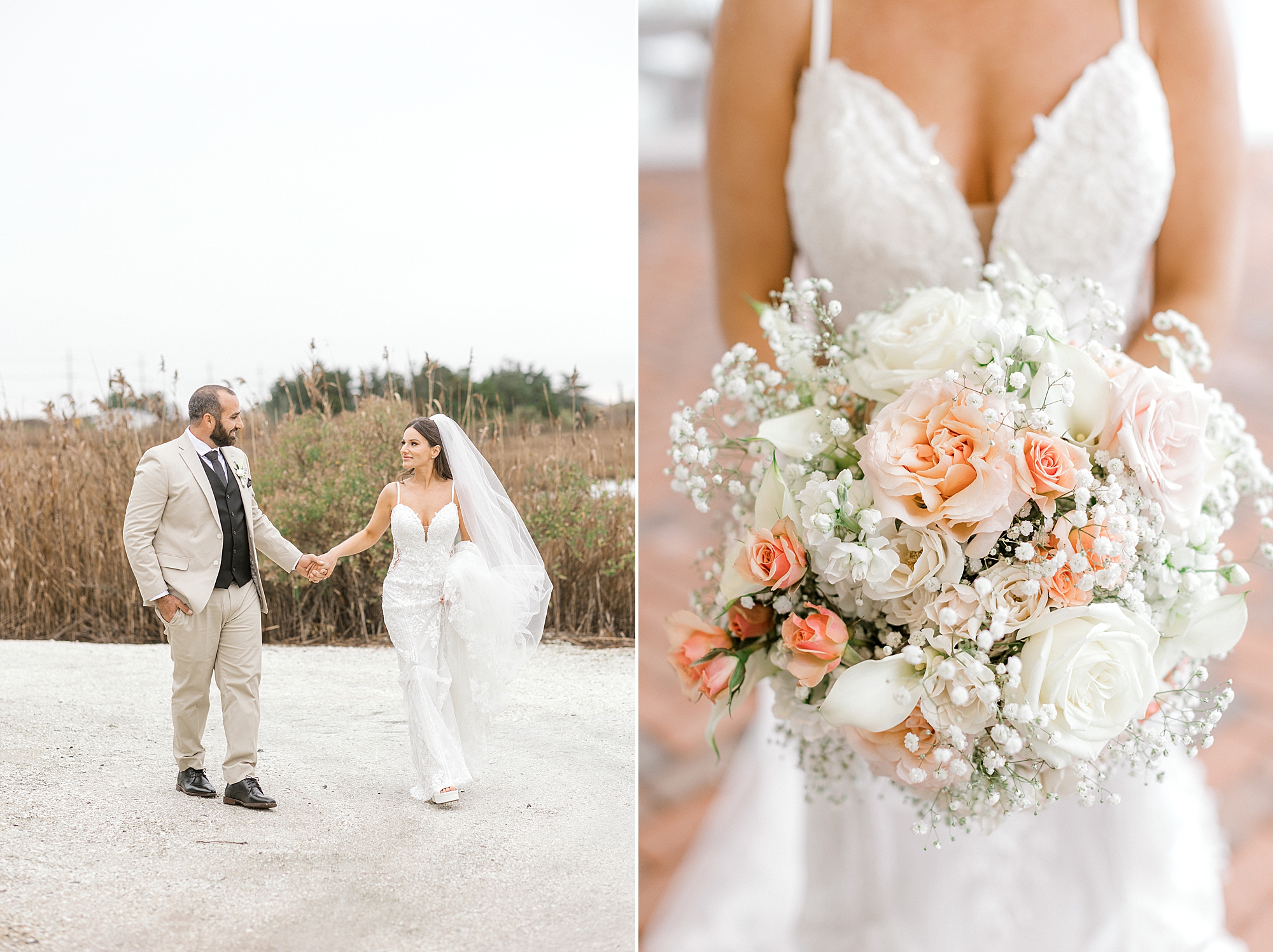 bride holds hands with groom walking on beach and bouquet of peach and white roses