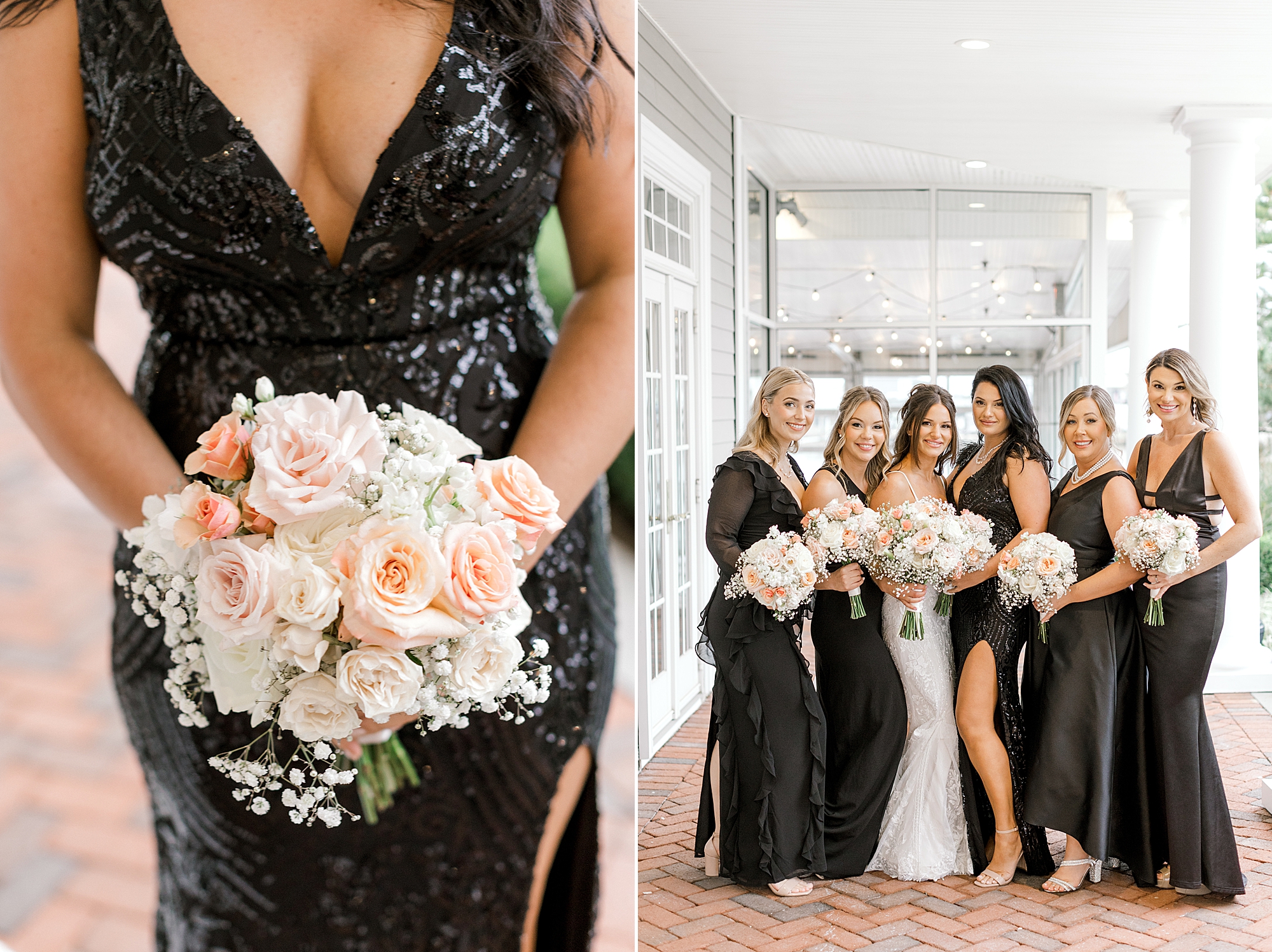 bridesmaids in mismatched black gowns hug bride holding bouquet of peach and white flowers