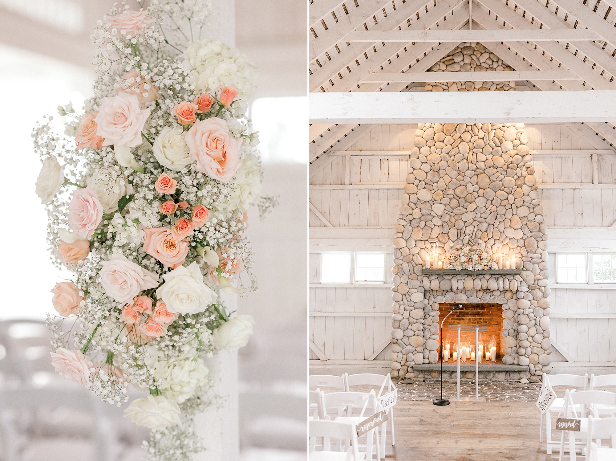 fireplace at Bonnet Island Estate with pink and white flowers with baby's breath on arbor