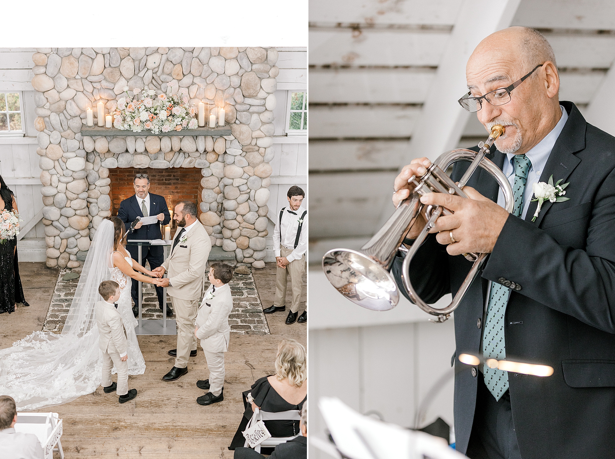 trumpet player performs during wedding ceremony at Bonnet Island Estate