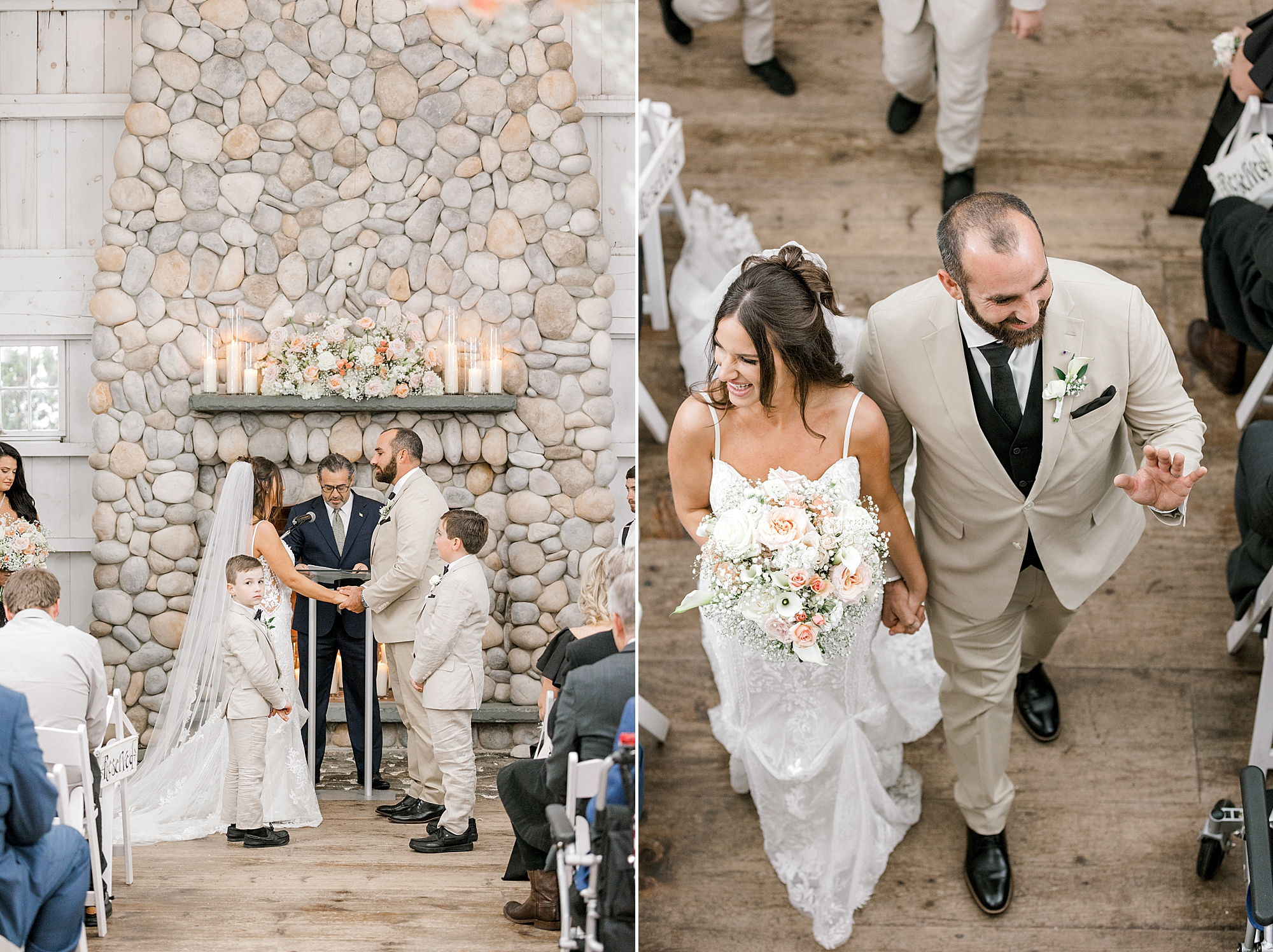 bride and groom walk up aisle after wedding ceremony at Bonnet Island Estate