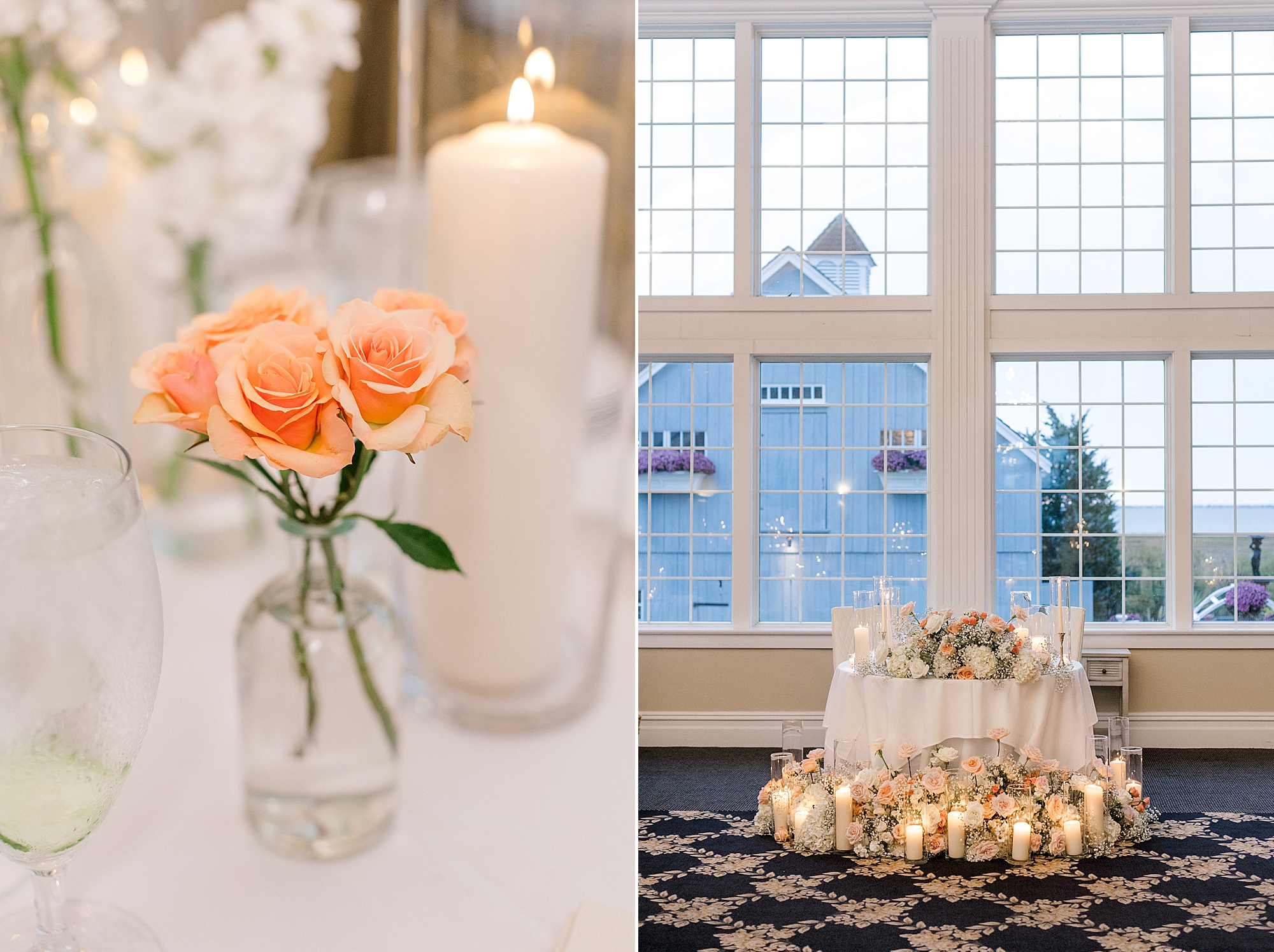 centerpieces of peach flowers with white candles at Bonnet Island Estate