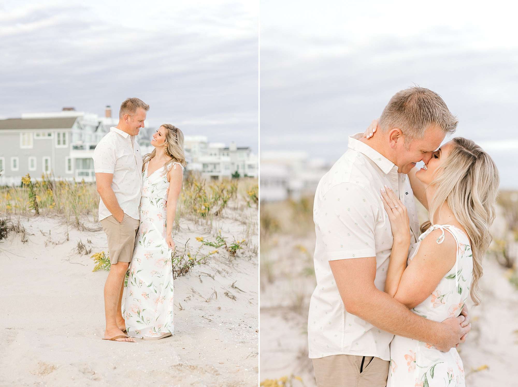 woman leans up to kiss man during Long Beach Island engagement session on Brant Beach