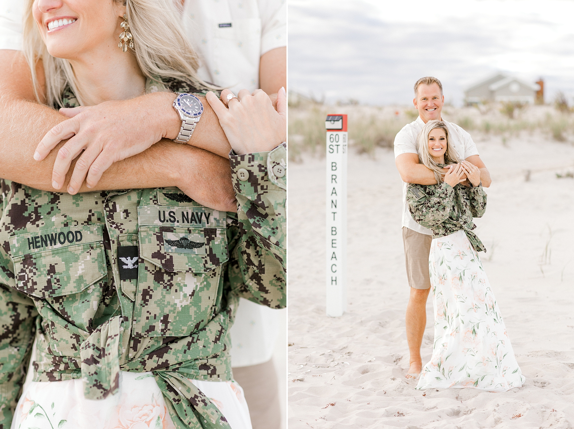 man hugs woman from behind wearing his army jacket during Long Beach Island engagement session on Brant Beach