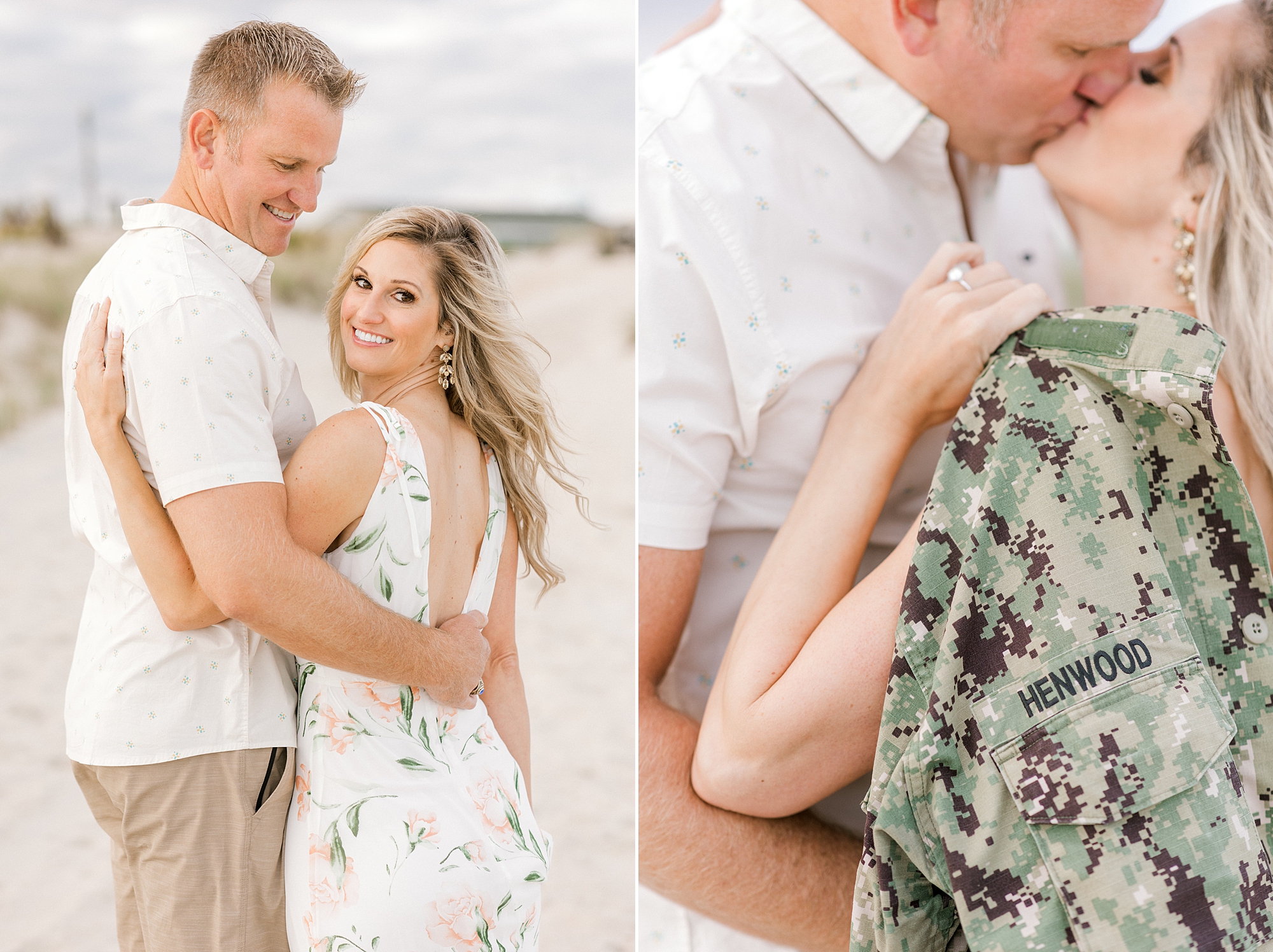 woman holds man's army jacket over her shoulder standing together during Long Beach Island engagement session on Brant Beach