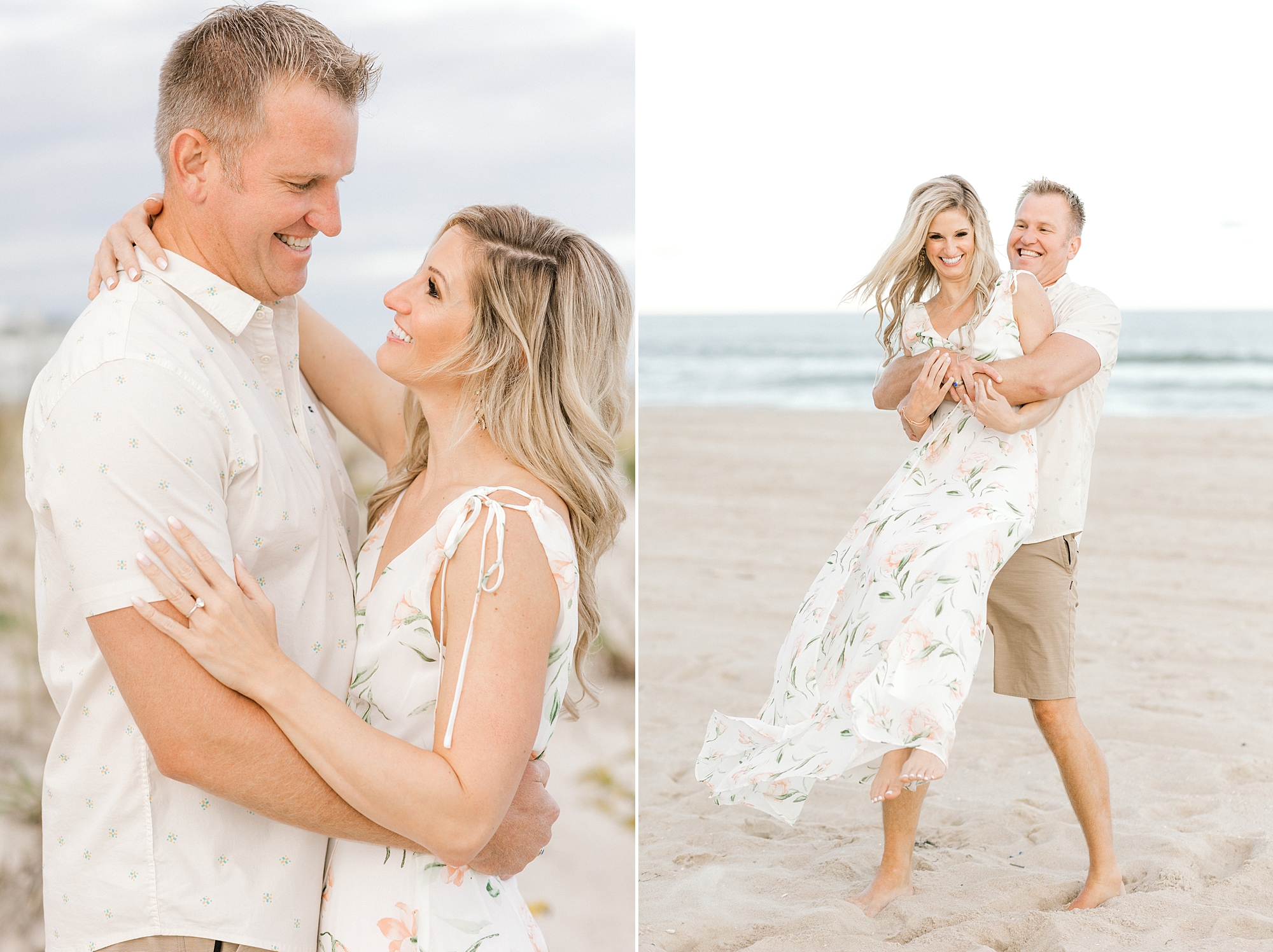 man lifts up woman twirling her around during Long Beach Island engagement session on Brant Beach