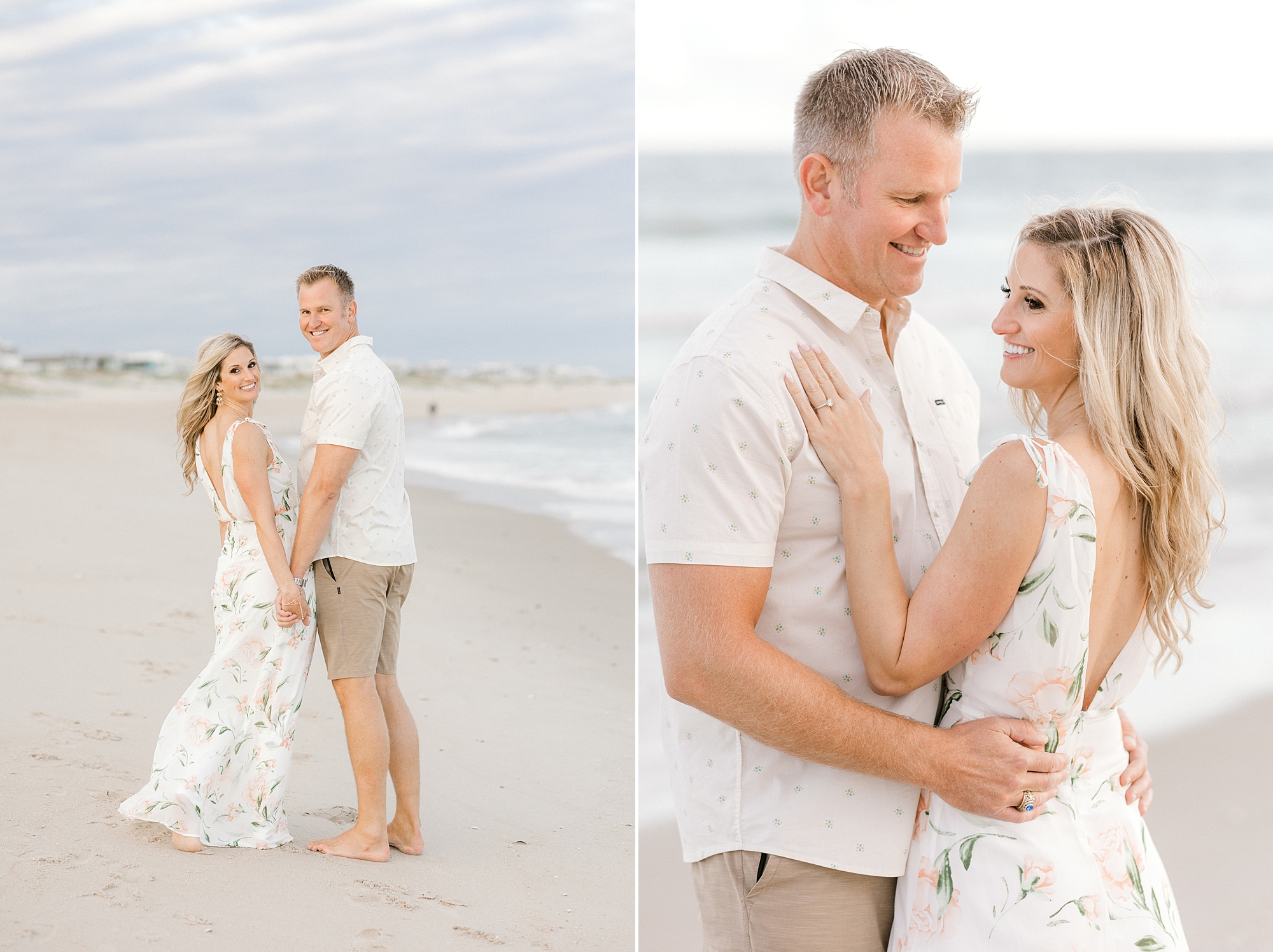 engaged couple stands together during Long Beach Island engagement session on Brant Beach