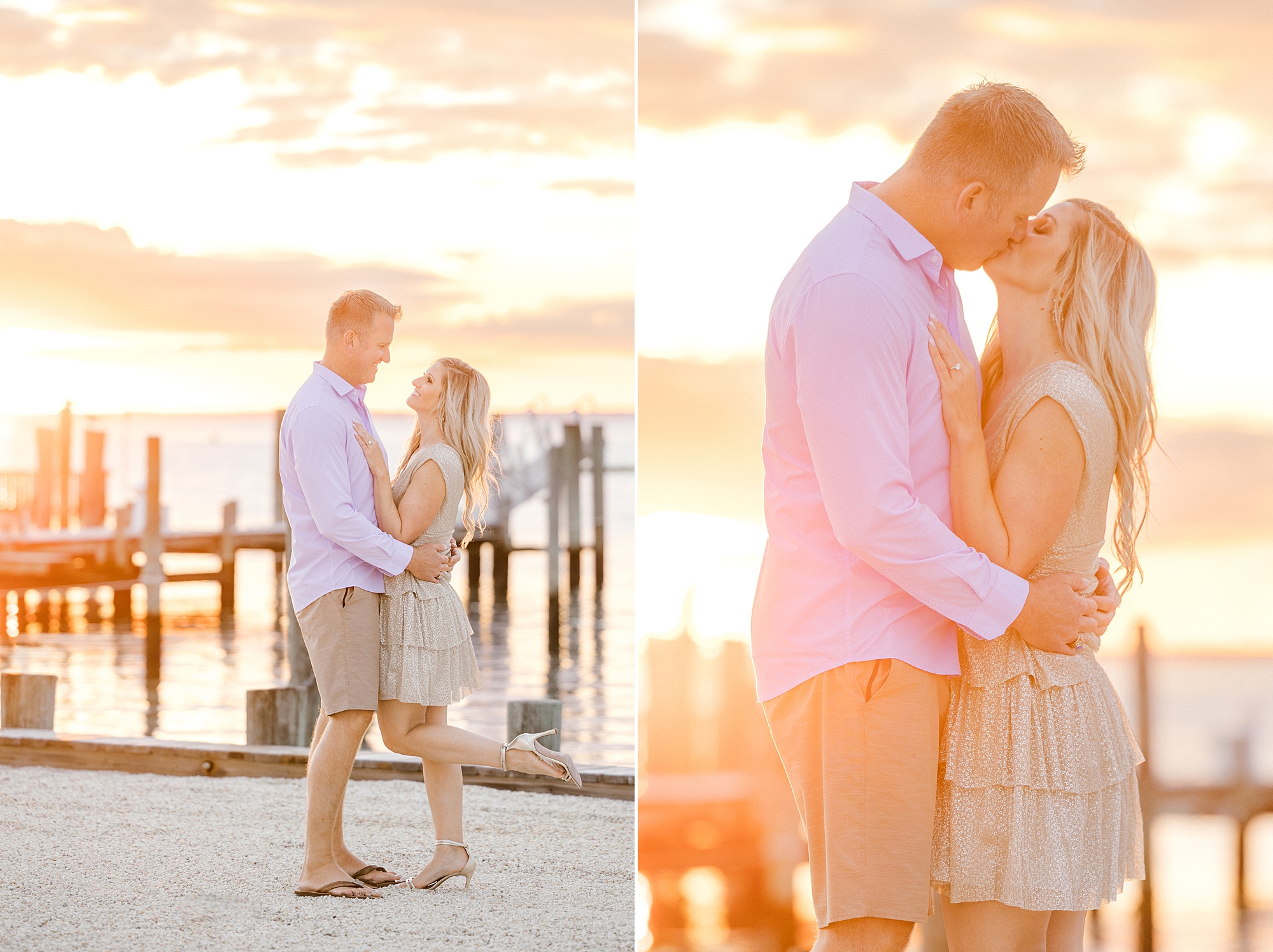 engaged couple stands on wooden dock during sunset Brant Beach engagement session