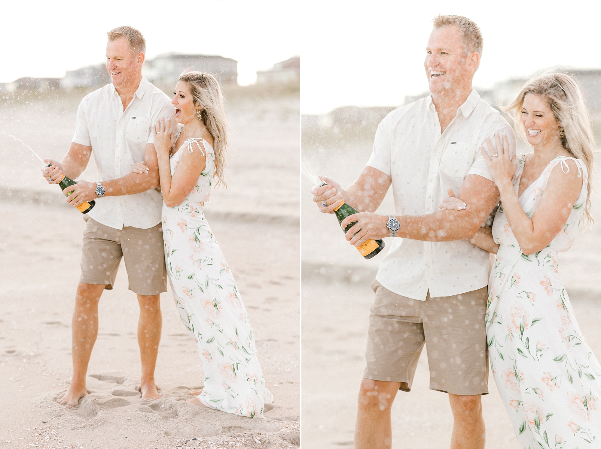 man and woman pop champagne during Brant Beach engagement portraits