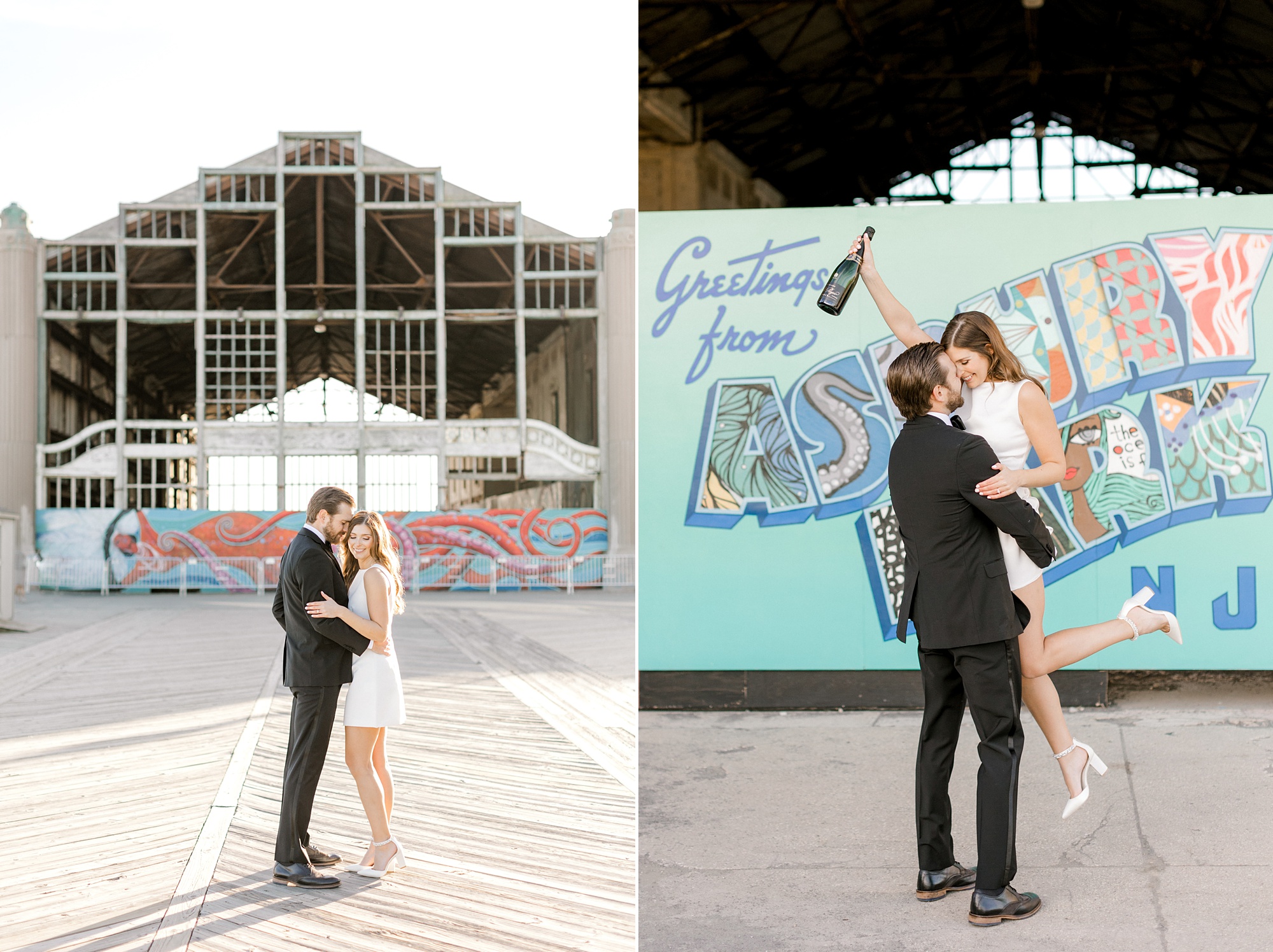 man lifts up fiancée in front of postcard sign at Asbury Park