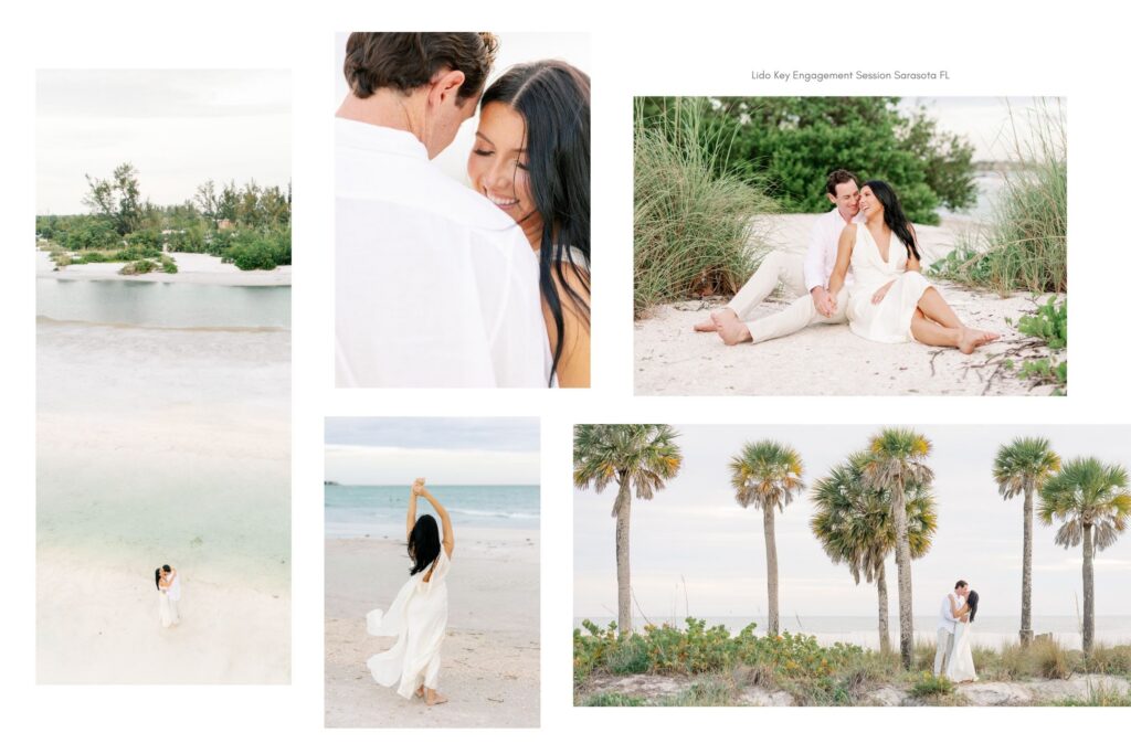 collage of an engagement session in Lido Key Florida