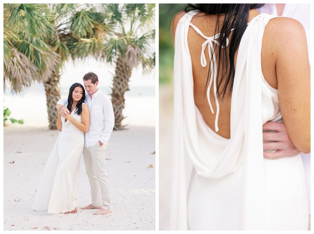 the detail of a white dress at an engagement session at lido key beach